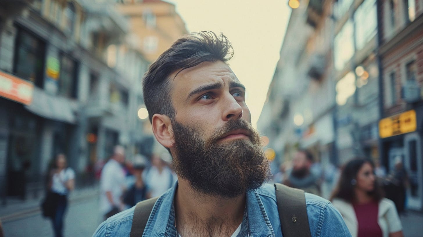 A bearded man walking through a city.