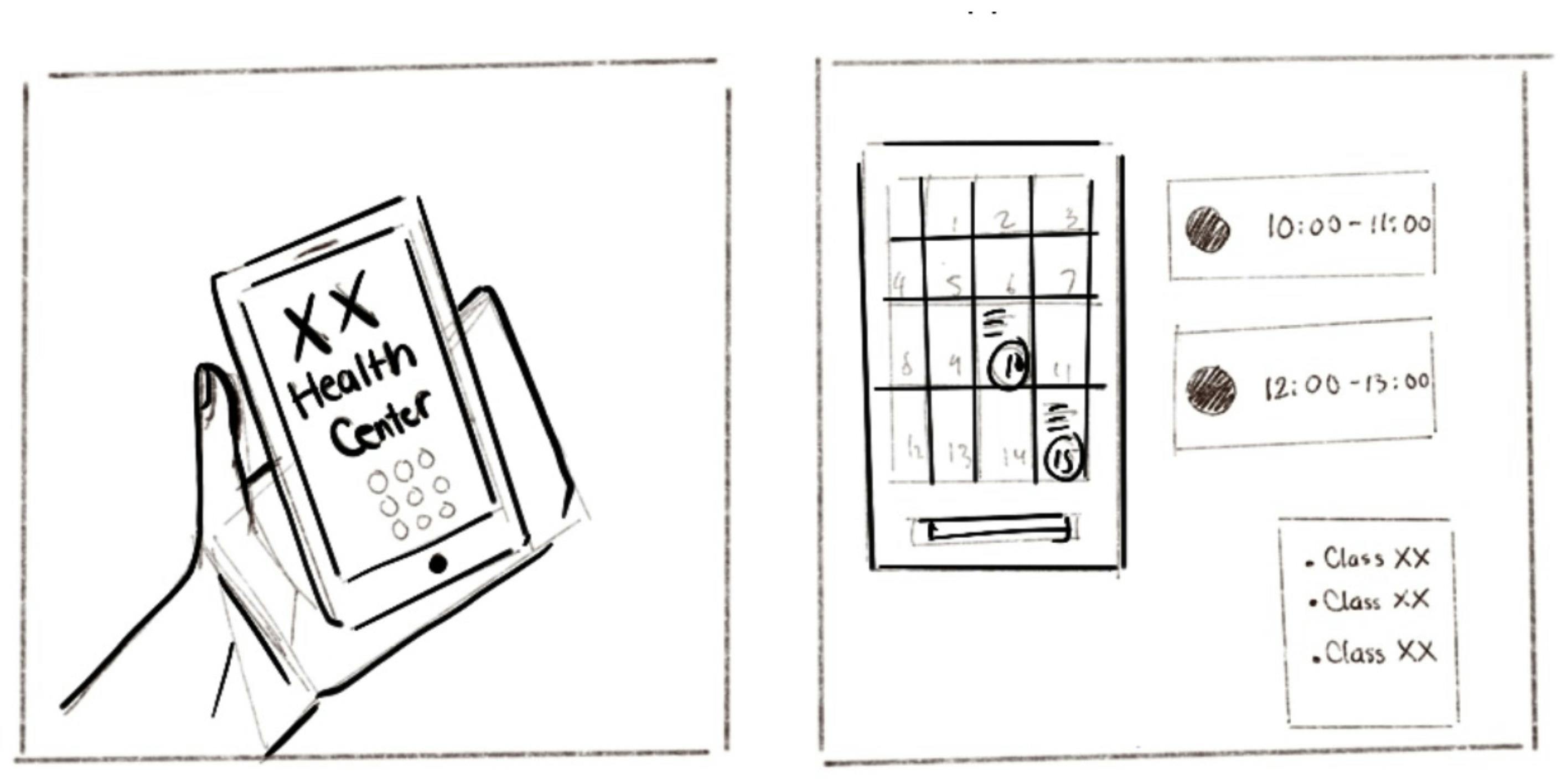 Storyboard sketch with 2 frames showing a phone calling the health center and a student calendar with classes and meeting times