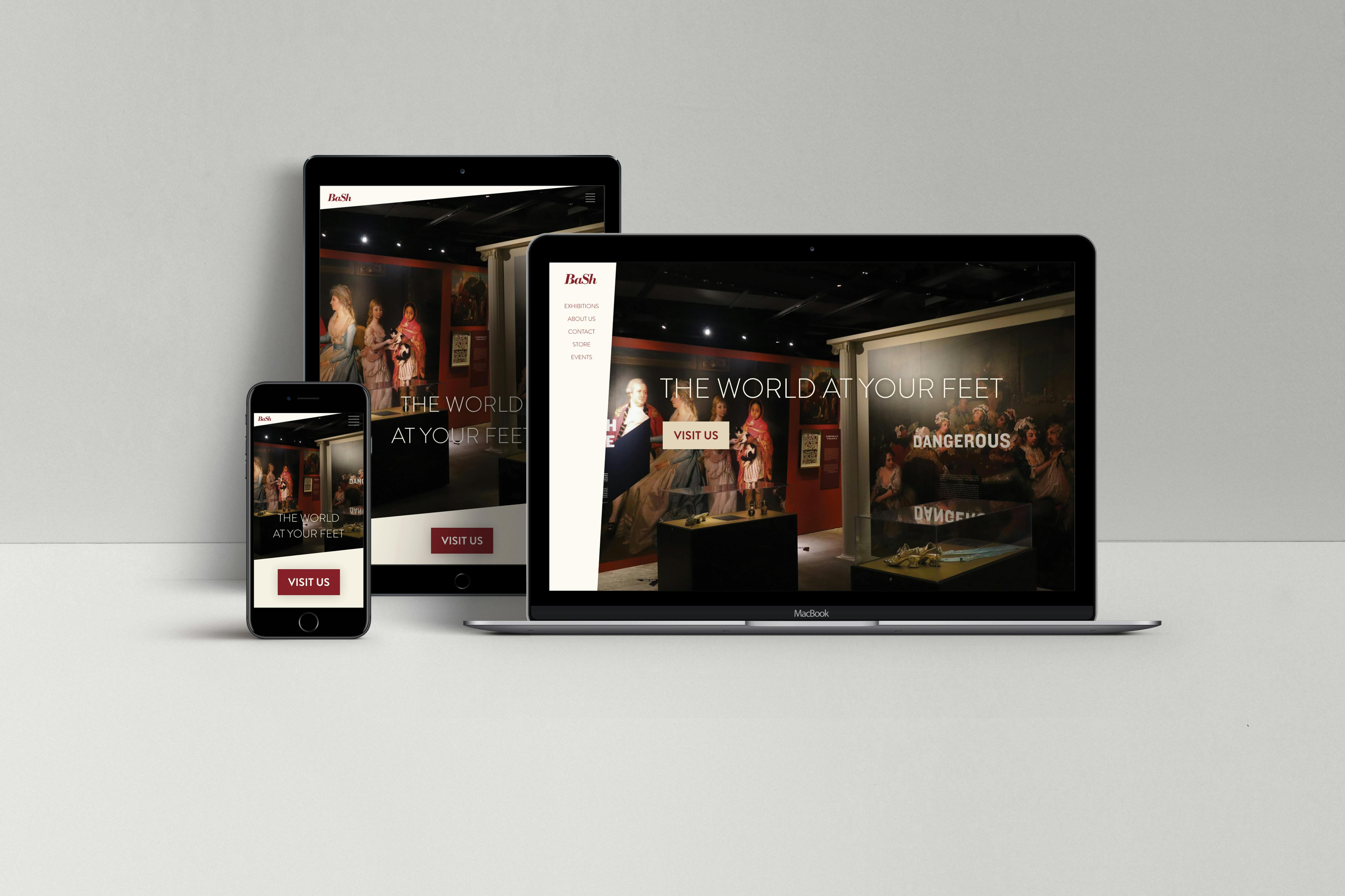 BaSh museum homepage responsive design on laptop, tablet, and mobile phone screens