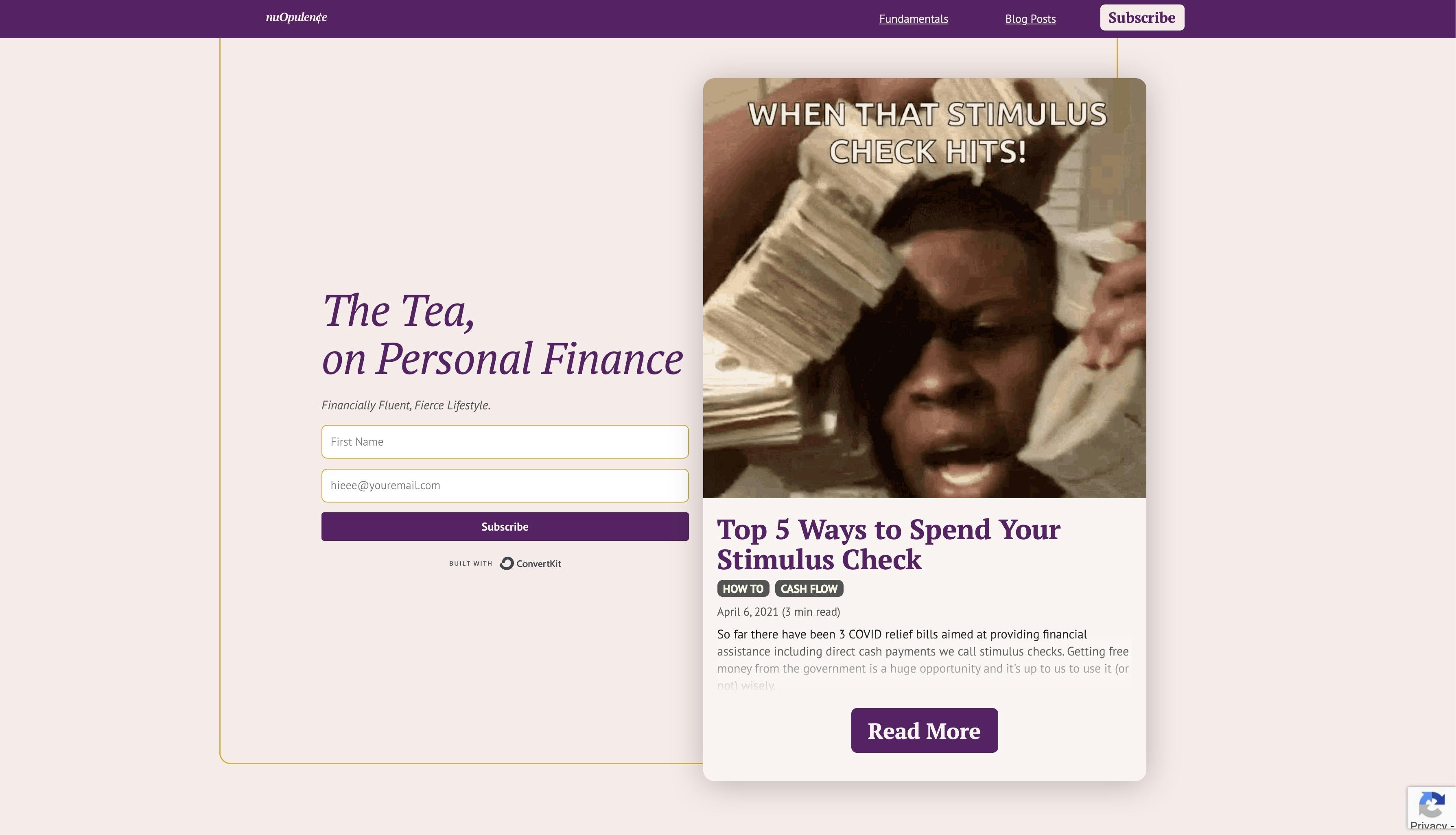nuOpulence landing page: "The Tea On Personal Finance" with an email signup call to action and featured blog post.