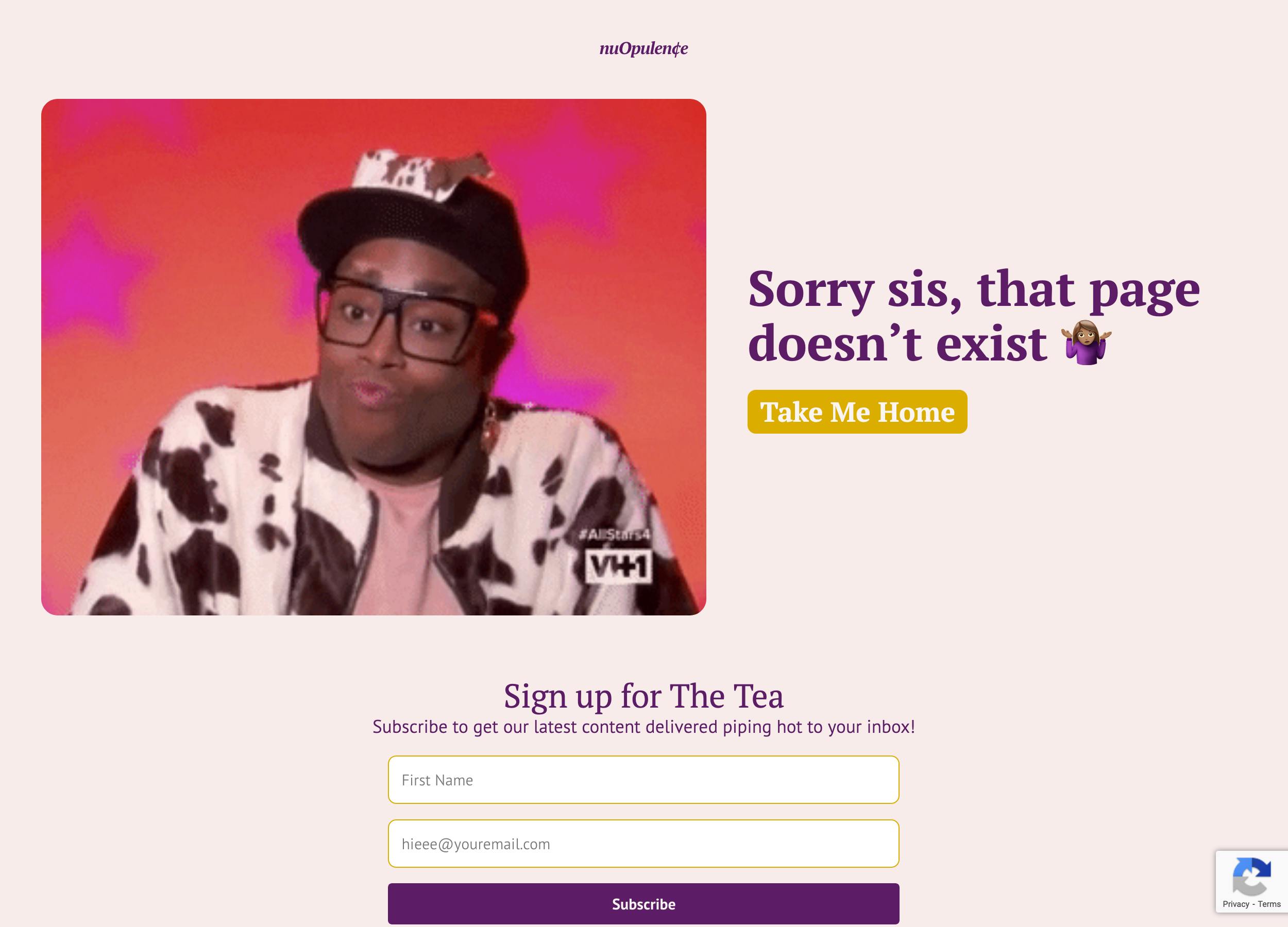 nuOpulence 404 page featuring Monique Heart from RuPauls Dragrace