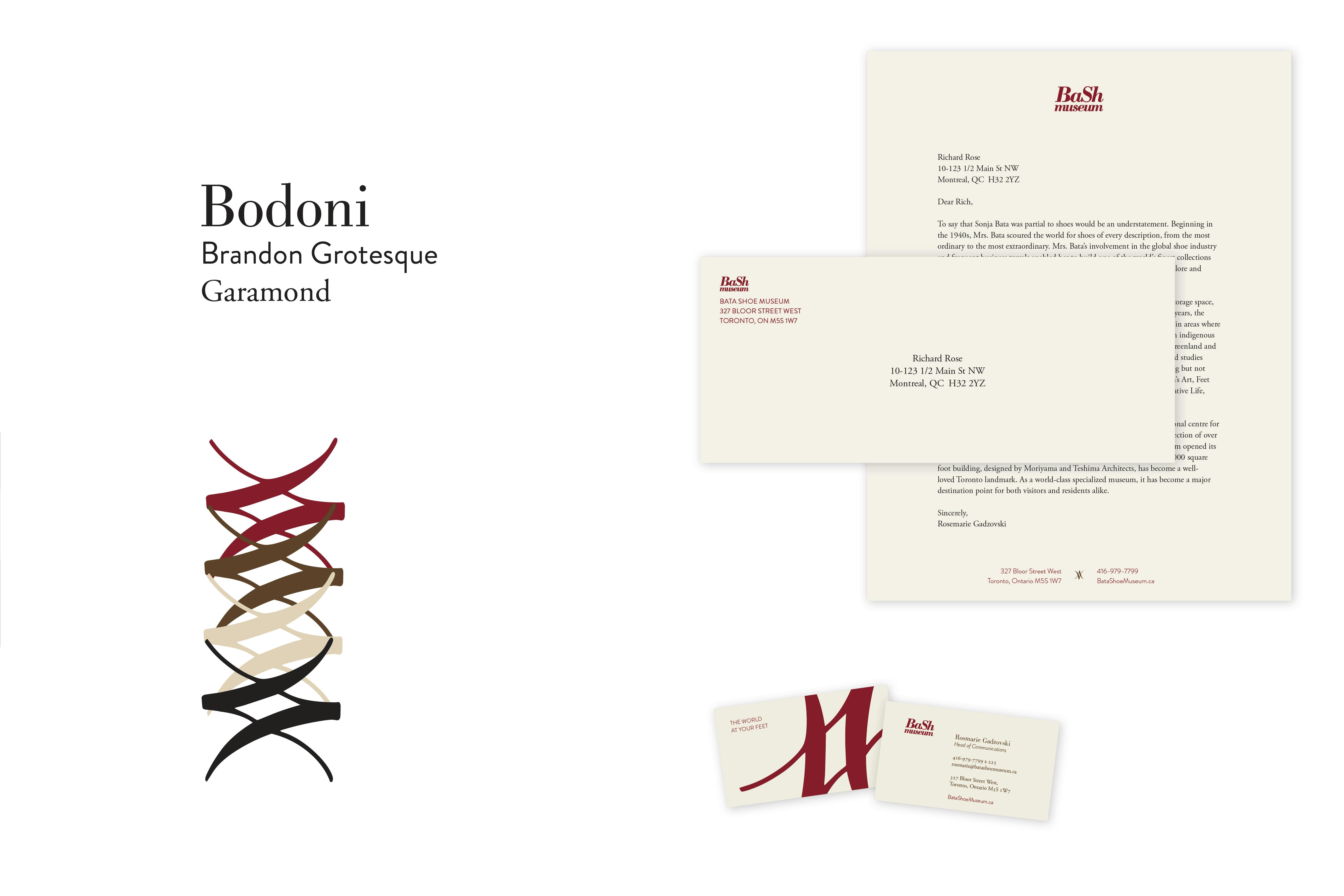 Mockup showing Bodoni, Brandon Grotesque and Garamond typefaces with color swatches applied to branded stationery