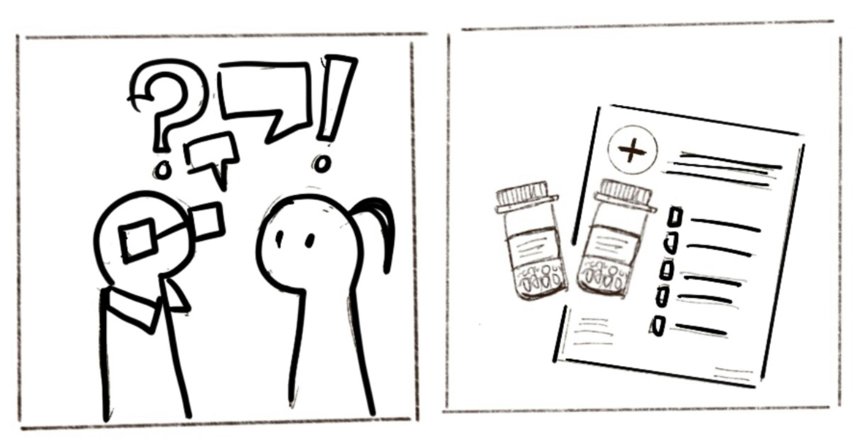 Storyboard sketches showing the young caregiver asking questions to the doctor.