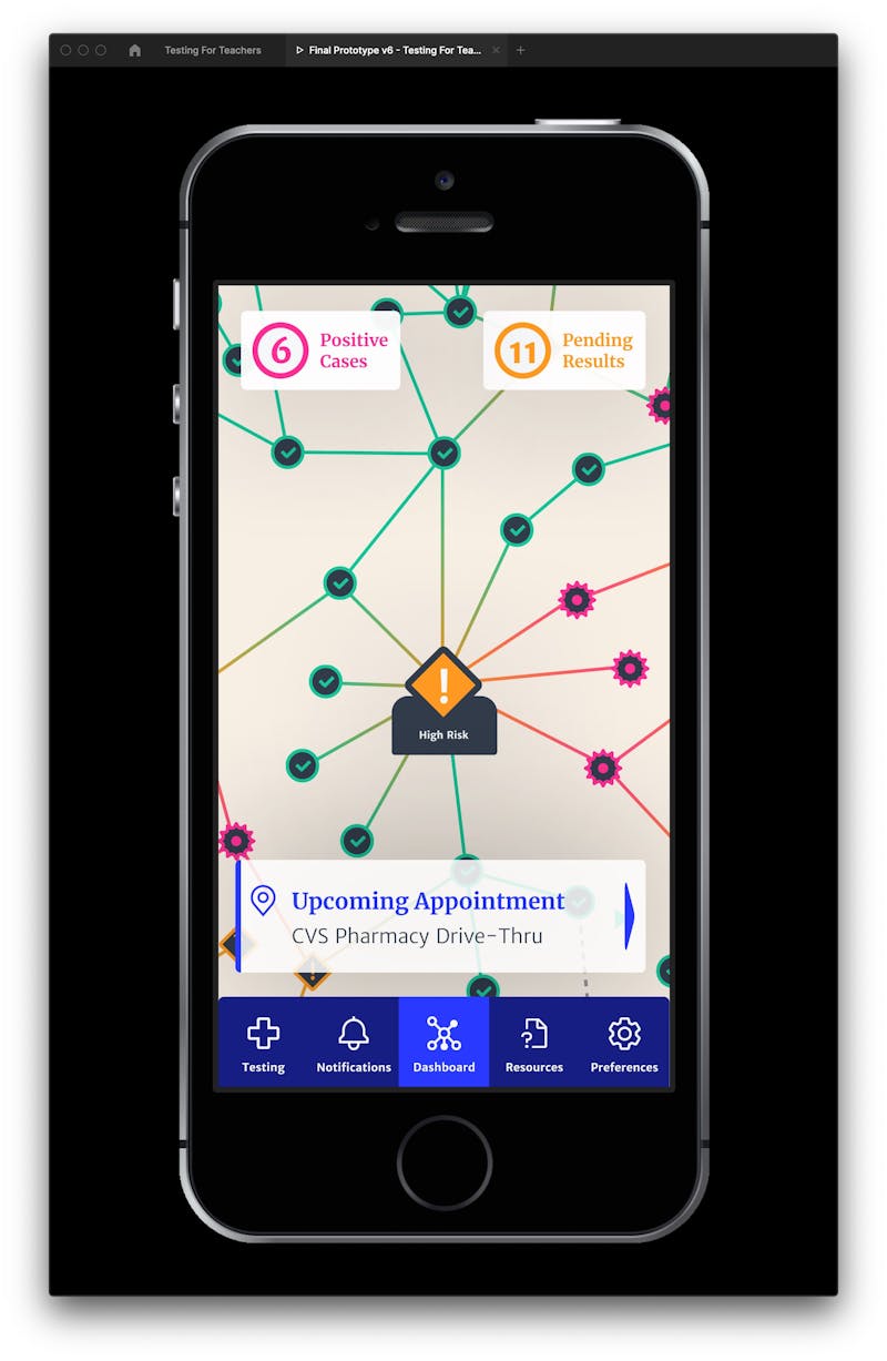 Screenshot of prototype screen that shows the users high risk icon and associated contacts