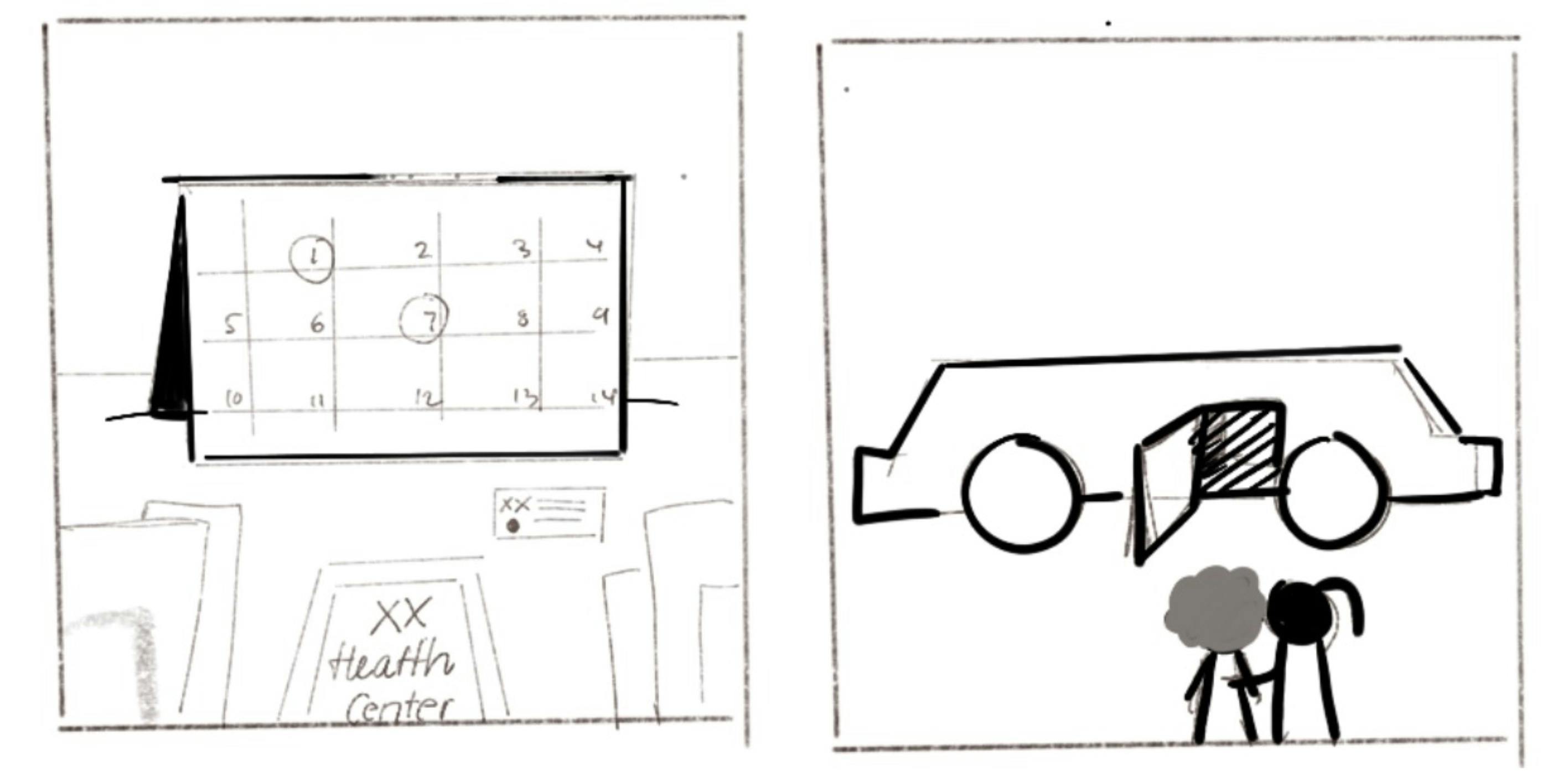 2 storyboard frames showing a calendar at the health center and the old patient walking to a car with the younger caregiver