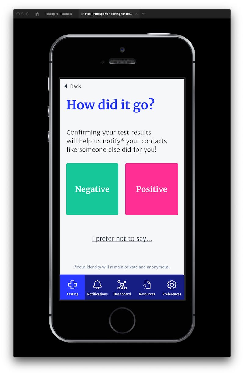 Screenshot of prototype screen that allows users to confirm positive/negative test results