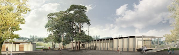 Abb. 2 Föhrenhain mit Garderobengebäude