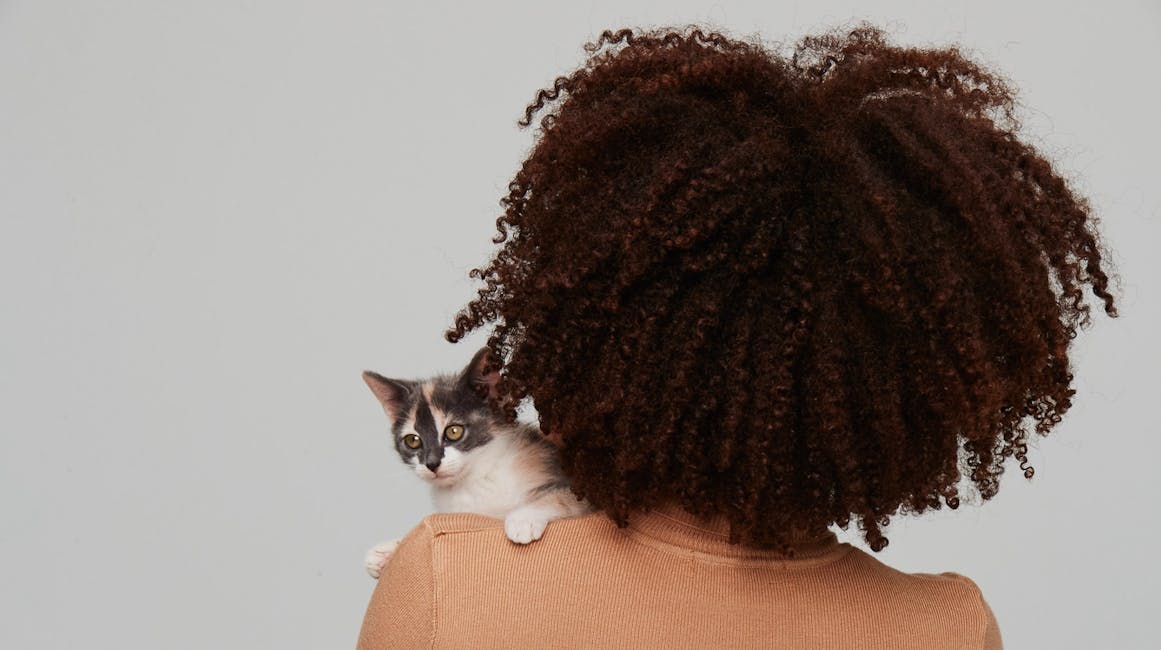 Woman holding a kitten over her shoulder