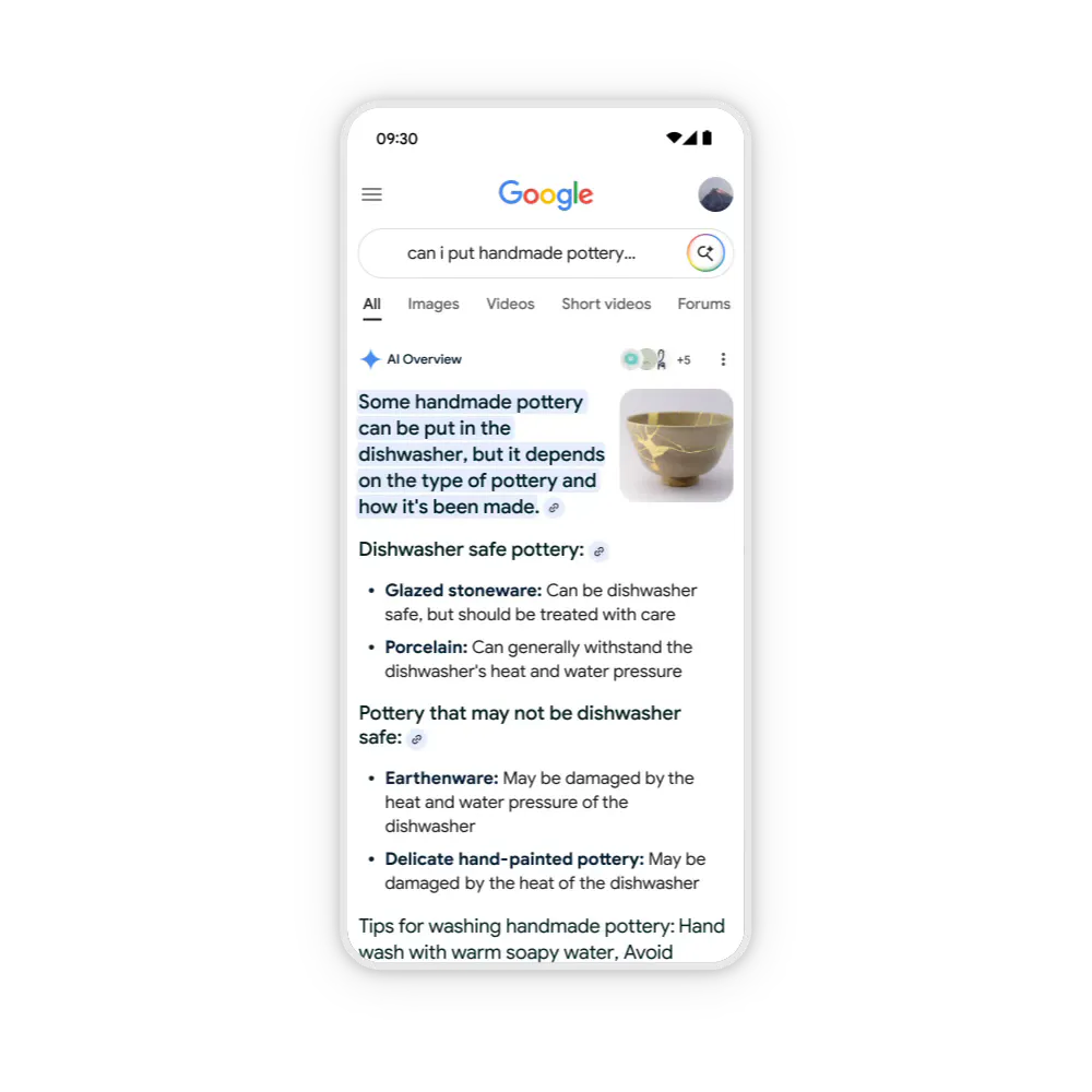 Exemple d'AI Overview Google sur mobile, réponse structurée avec liste des poteries compatibles au lave-vaisselle