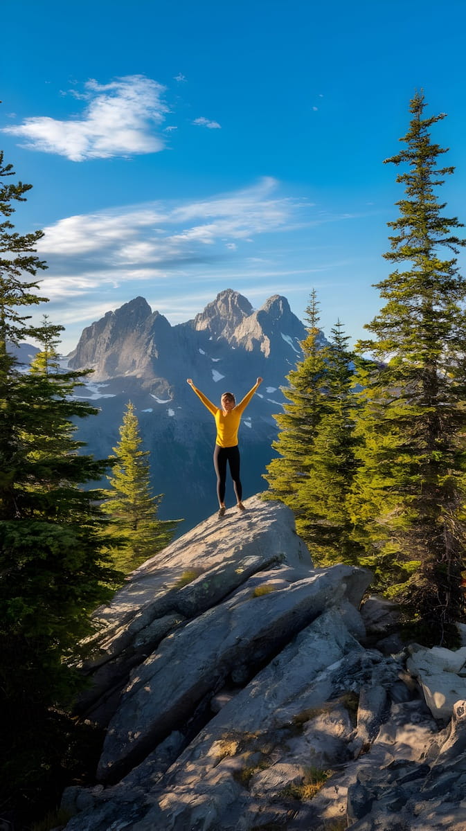 Une femme en haut d'un rocher, bras levés en signe de victoire, face à un panorama de montagnes escarpées sous un ciel bleu