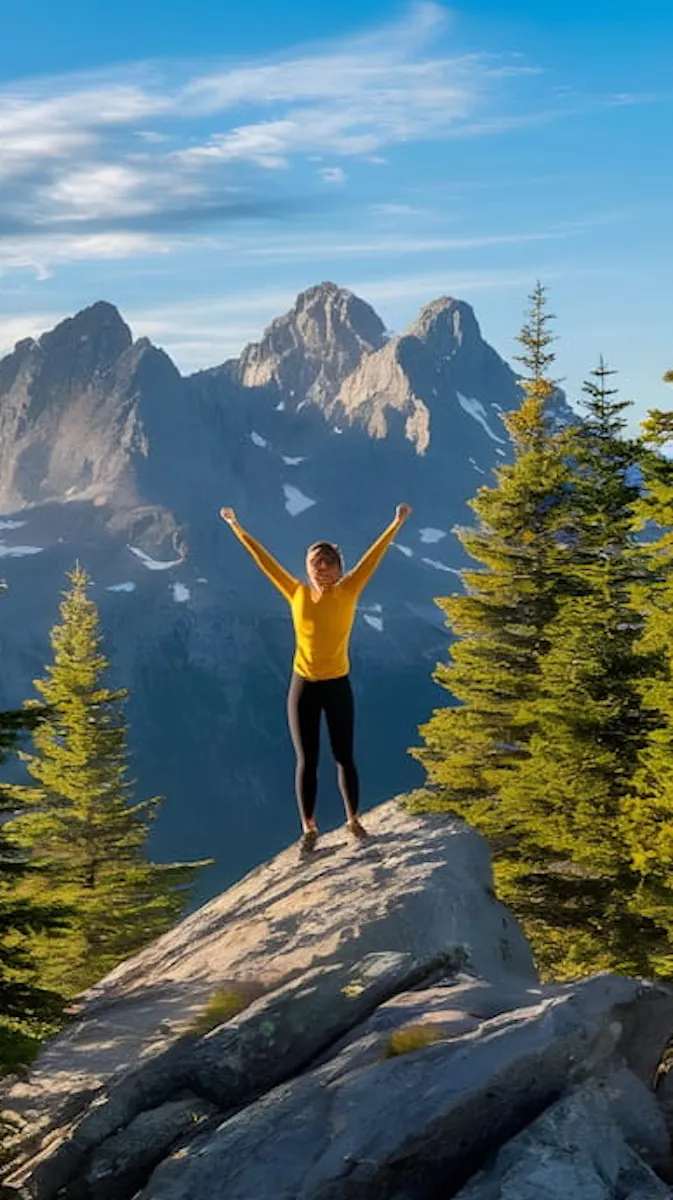 Une femme en haut d'un rocher, bras levés en signe de victoire, face à un panorama de montagnes escarpées sous un ciel bleu