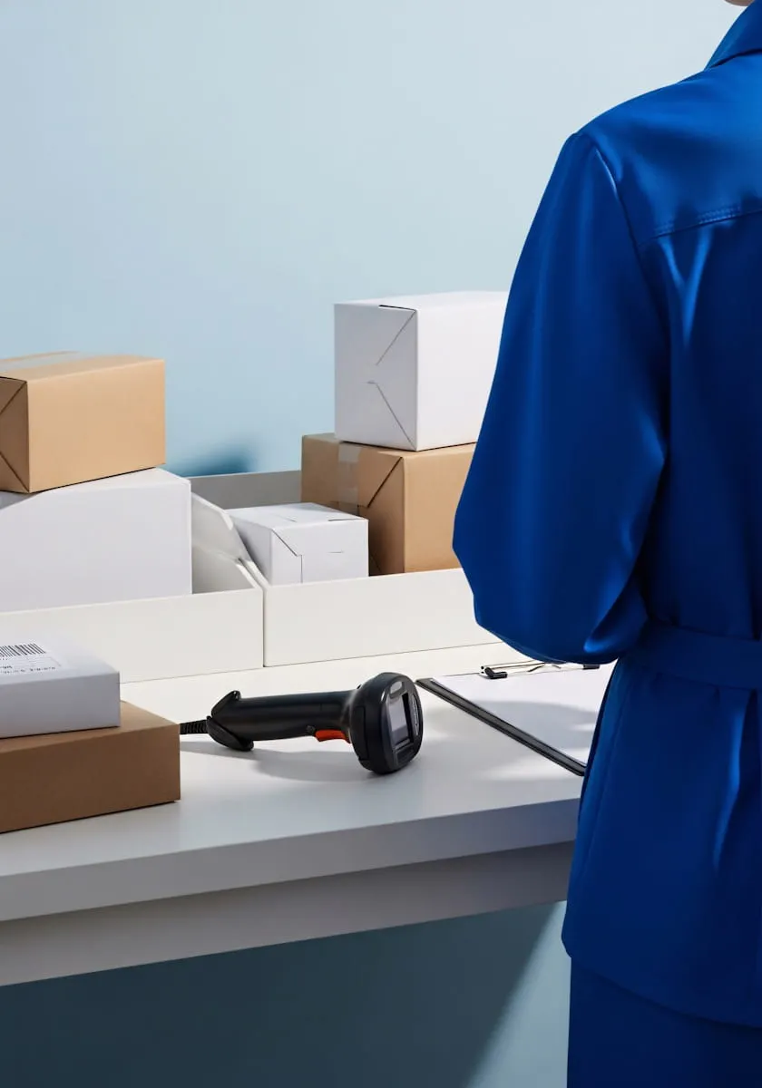 Un poste de préparation de commandes avec un scanneur de codes-barres, un porte-papiers et des colis empilés. Une personne en blouse bleue est visible de dos