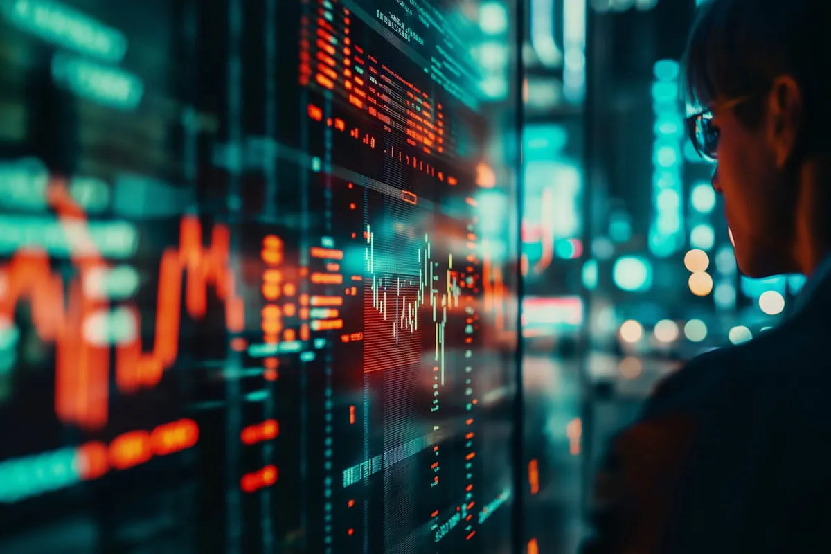 Un analyste observe des graphiques statistiques néon sur un mur d'écrans dans une ville nocturne
