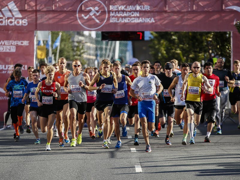 Marathon runners starting the race in street Lækjargata