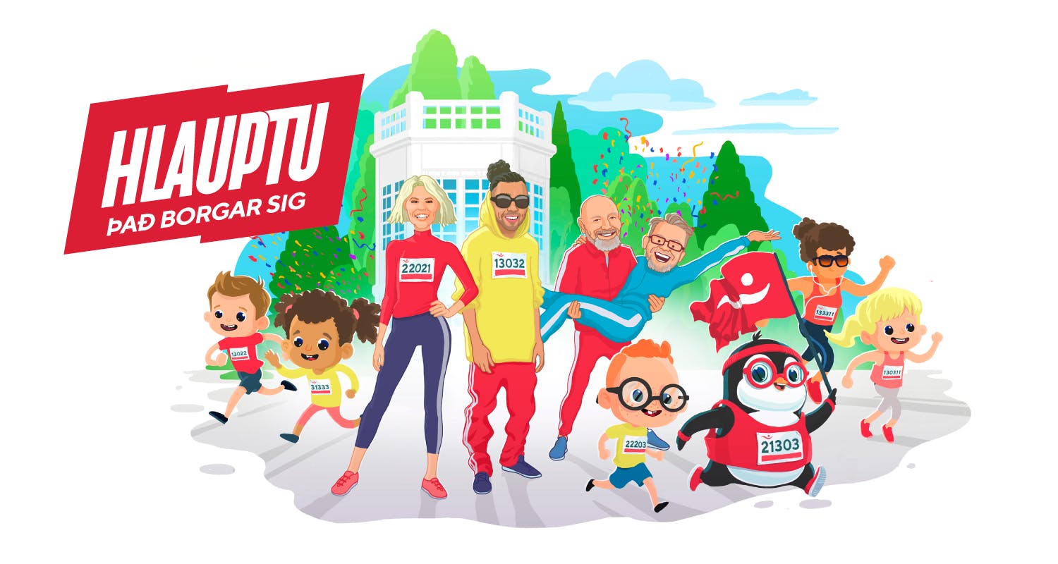 Teiknimynd af skemmtikröftum í skemmtiskokkinu ásamt Georgi og krökkunum