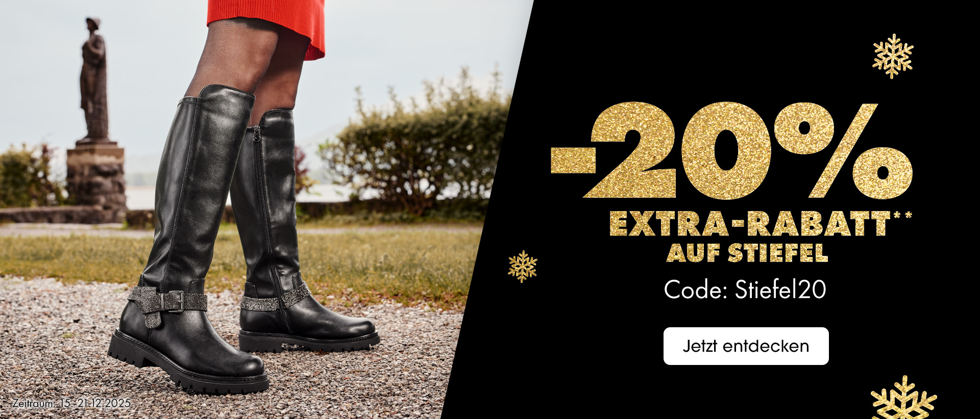 Schwarze Damenstiefel mit Glitzerdetails von MARCO TOZZI, getragen im Außenbereich, daneben Hinweis auf 20 % Extra-Rabatt auf Stiefel.