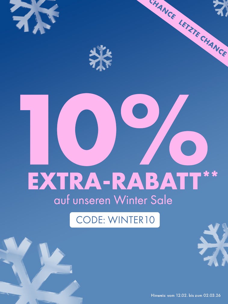 Grafik mit blauem Hintergrund und Schneeflocken: 10 % Extra-Rabatt auf den Winter Sale. Aktionscode: WINTER10. Gültig vom 12.02. bis 02.03