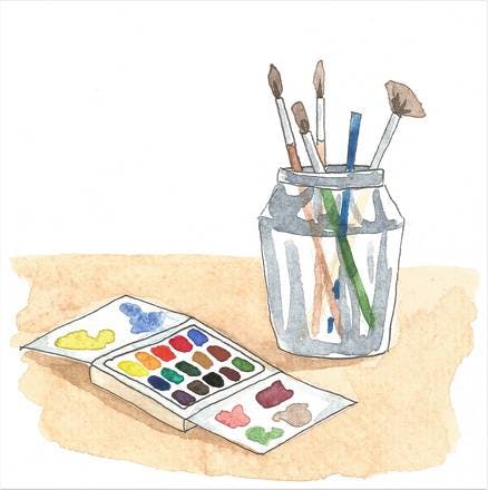 Acuarela con pinceles y paleta de colores