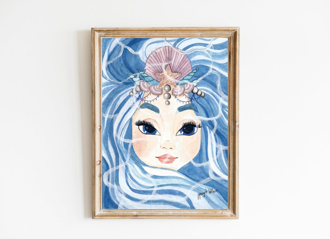 Ilustración de un retrato animado de una mujer con el pelo azul