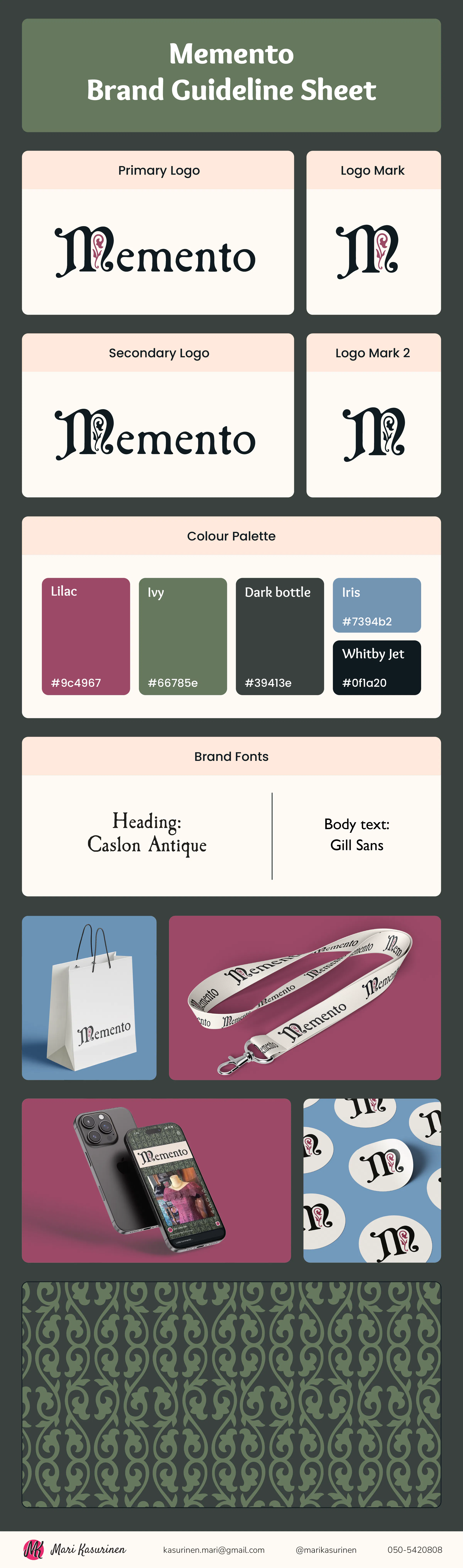 Memento brand guideline sheet including logo, typography, color palette and reference photos