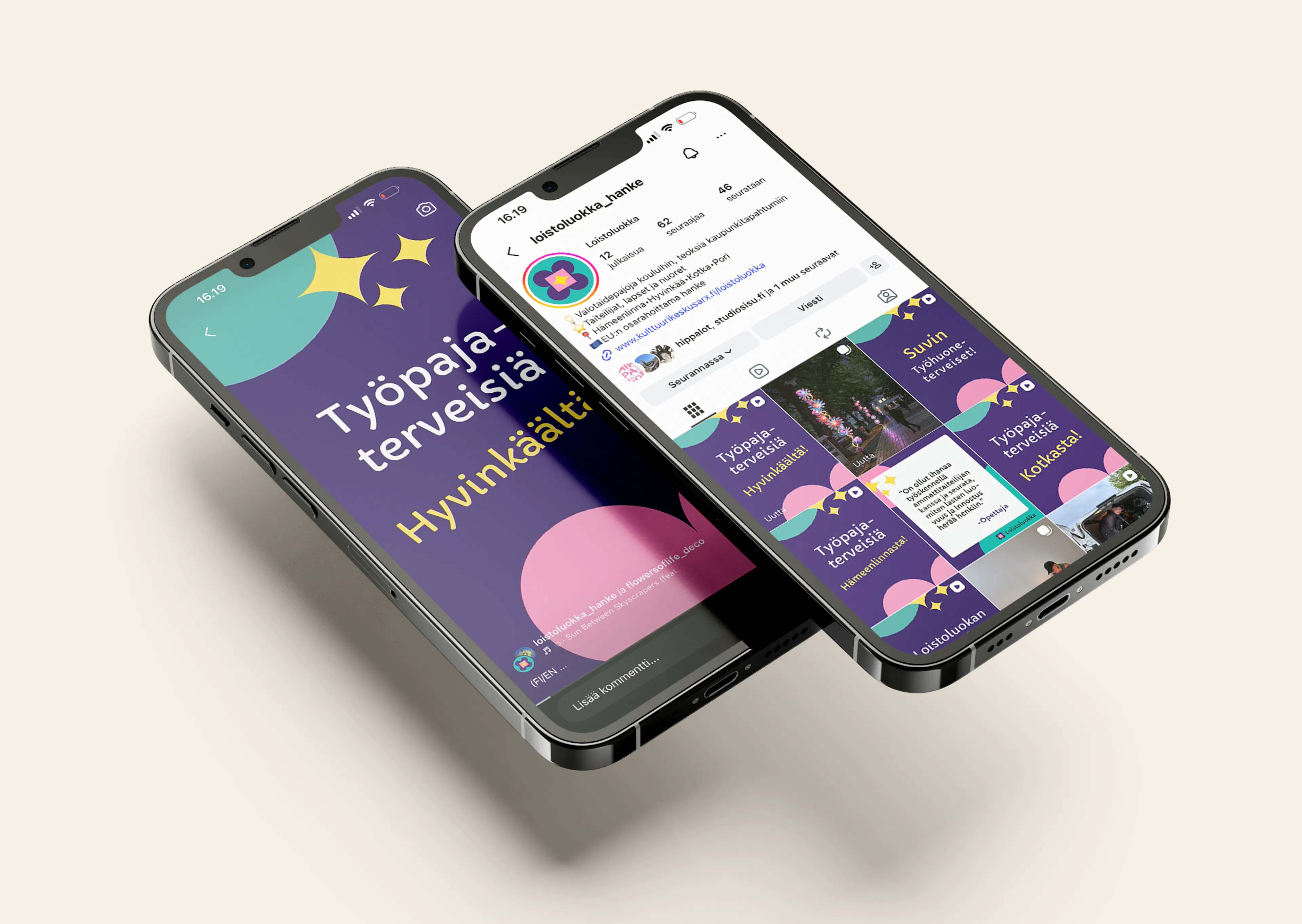 Two phones showing Loistoluokka's visual identity in social media