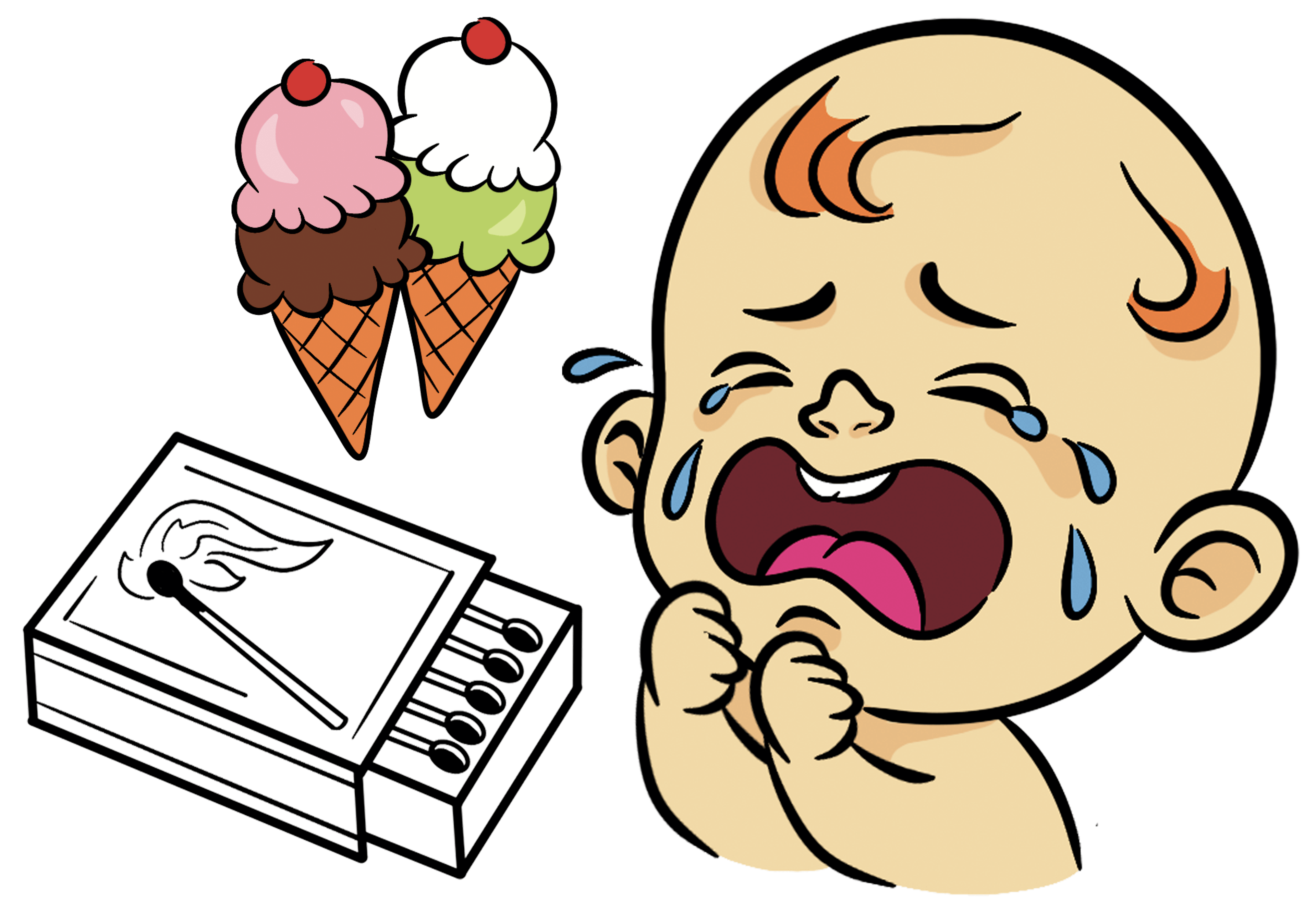 three word puzzle hint illustrations: crying baby, match box and two ice-creams