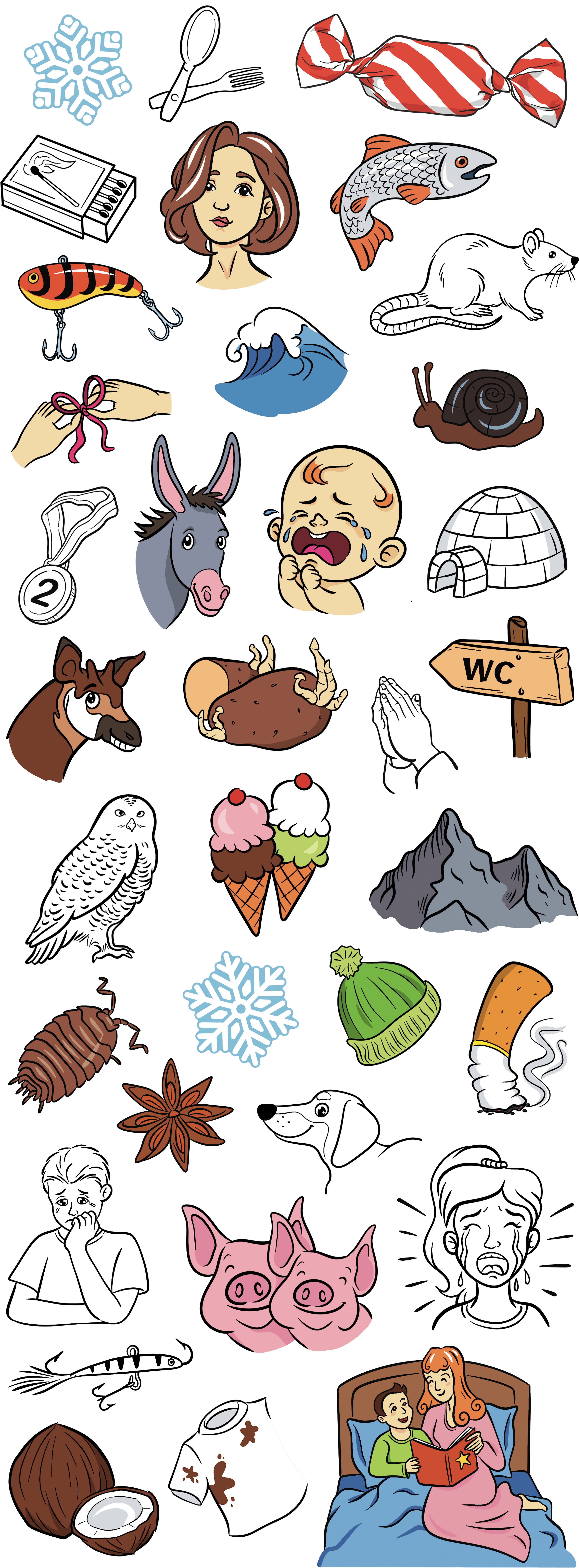 Various word puzzle hint illustrations