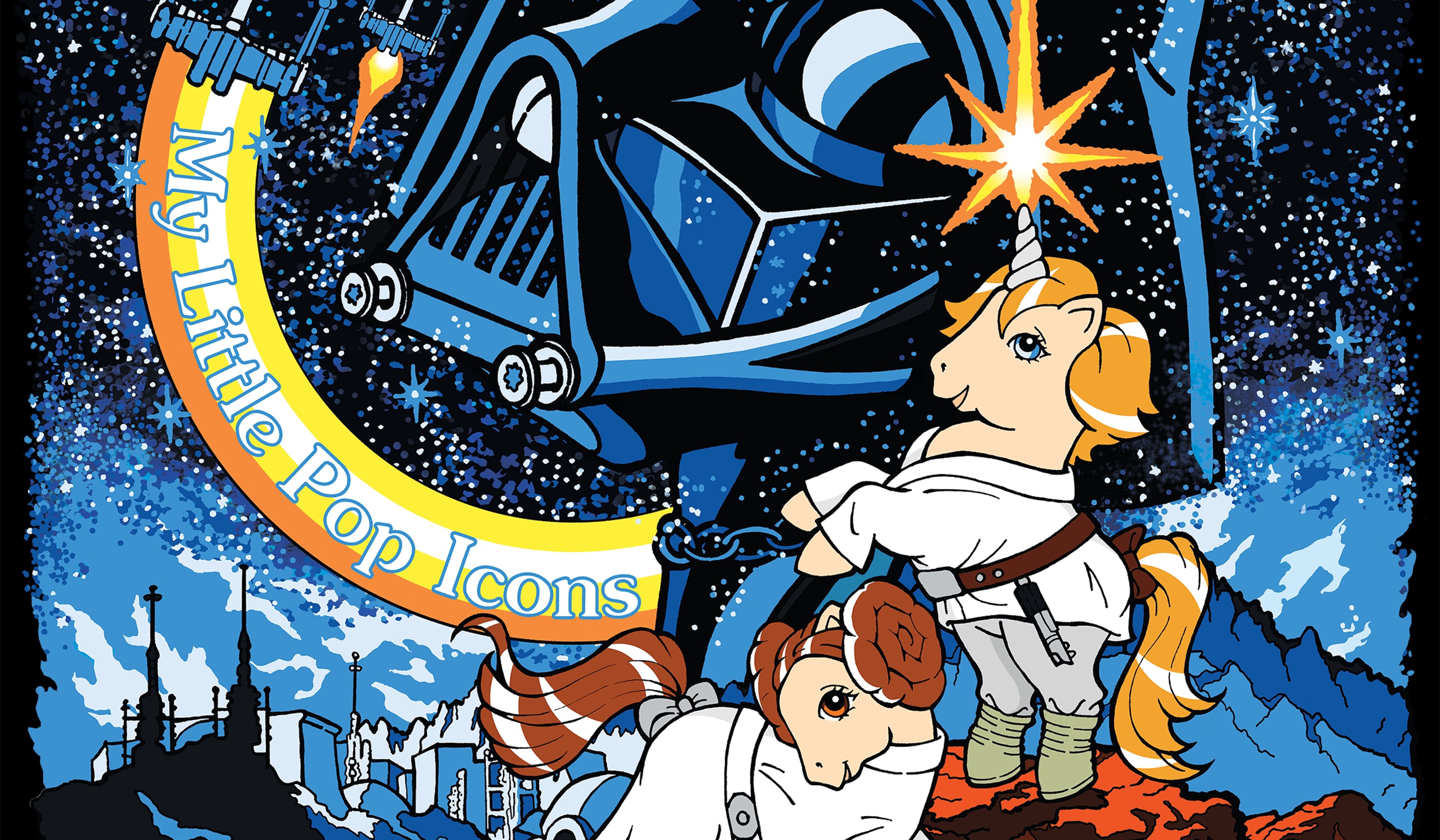 Cropped image of a Star Wars themed My Little Pop Icons print with Darth Vader, Luke and Leia