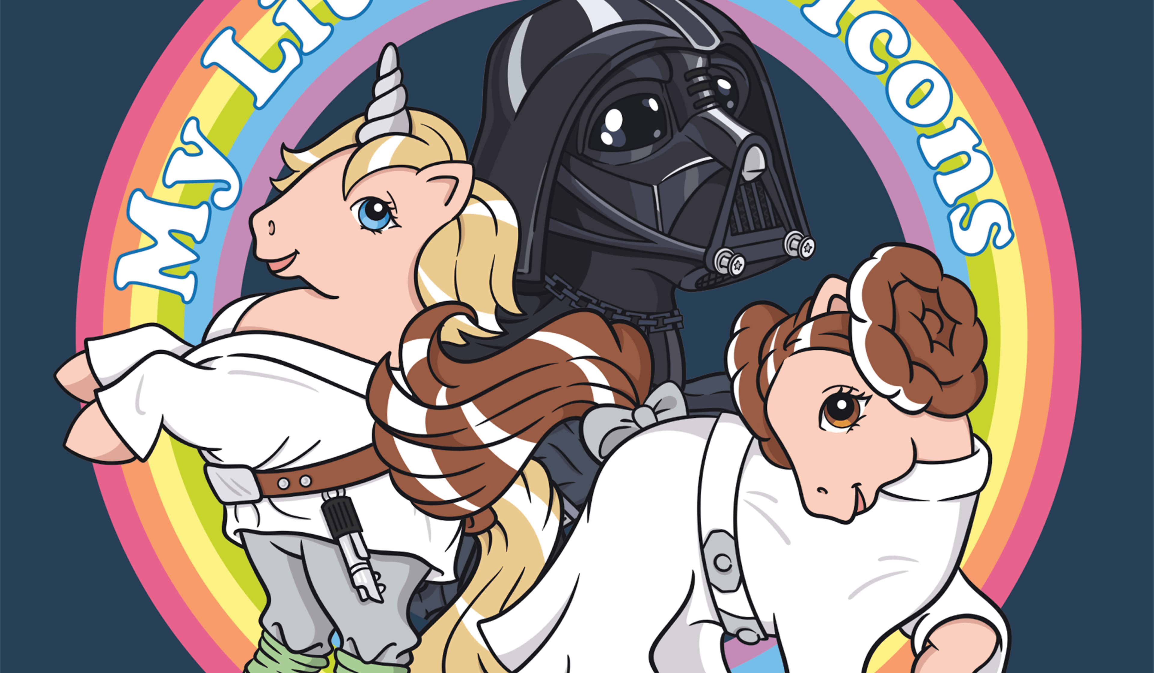 A cropped illustration of Darth Vader, Luke and Leia in pony form on a rainbow