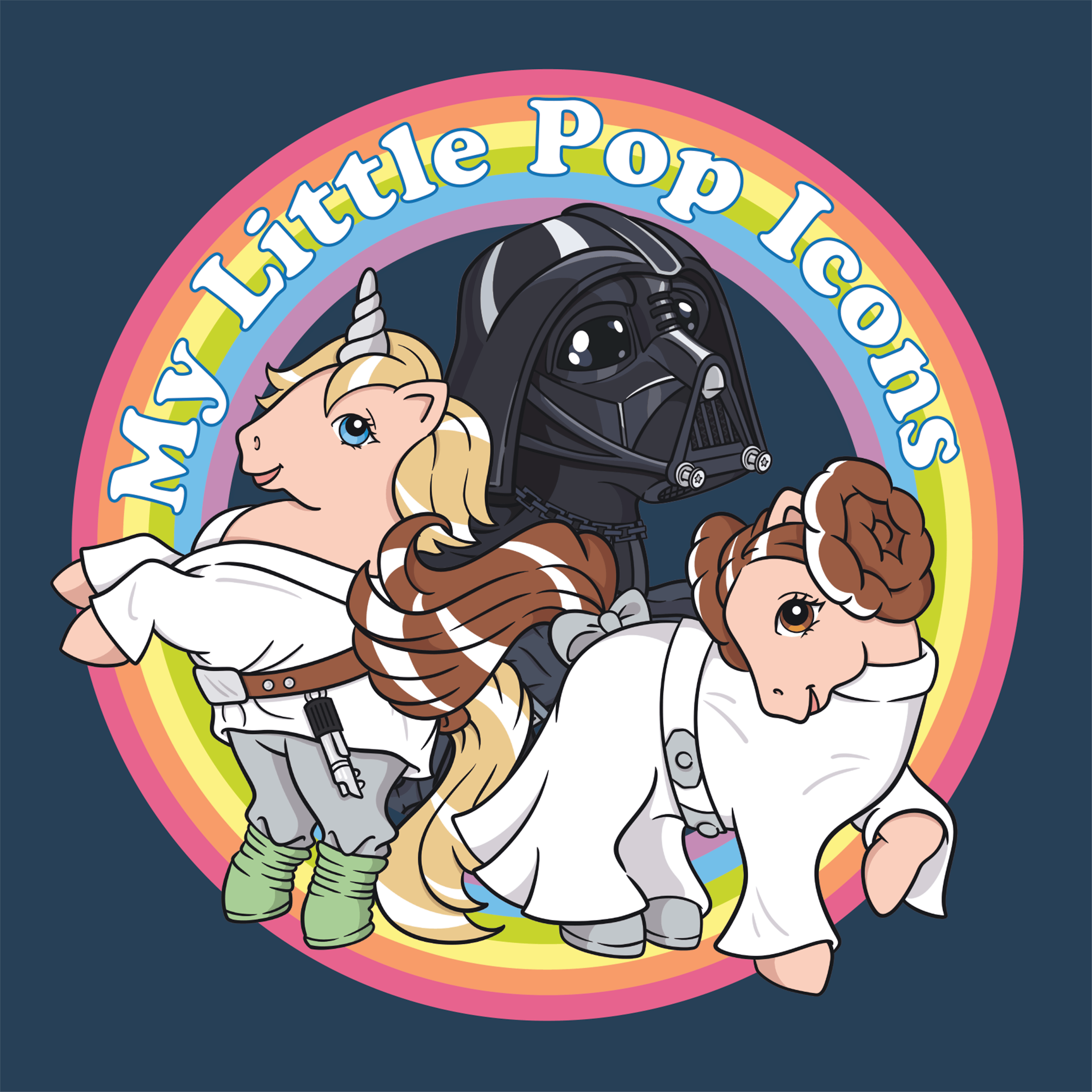 An illustration of Darth Vader, Luke and Leia in pony form on a rainbow