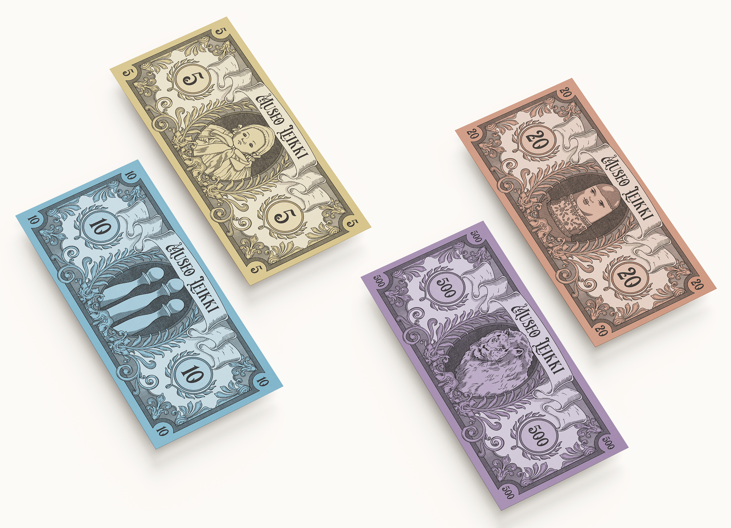 Four Victorian looking play money banknotes
