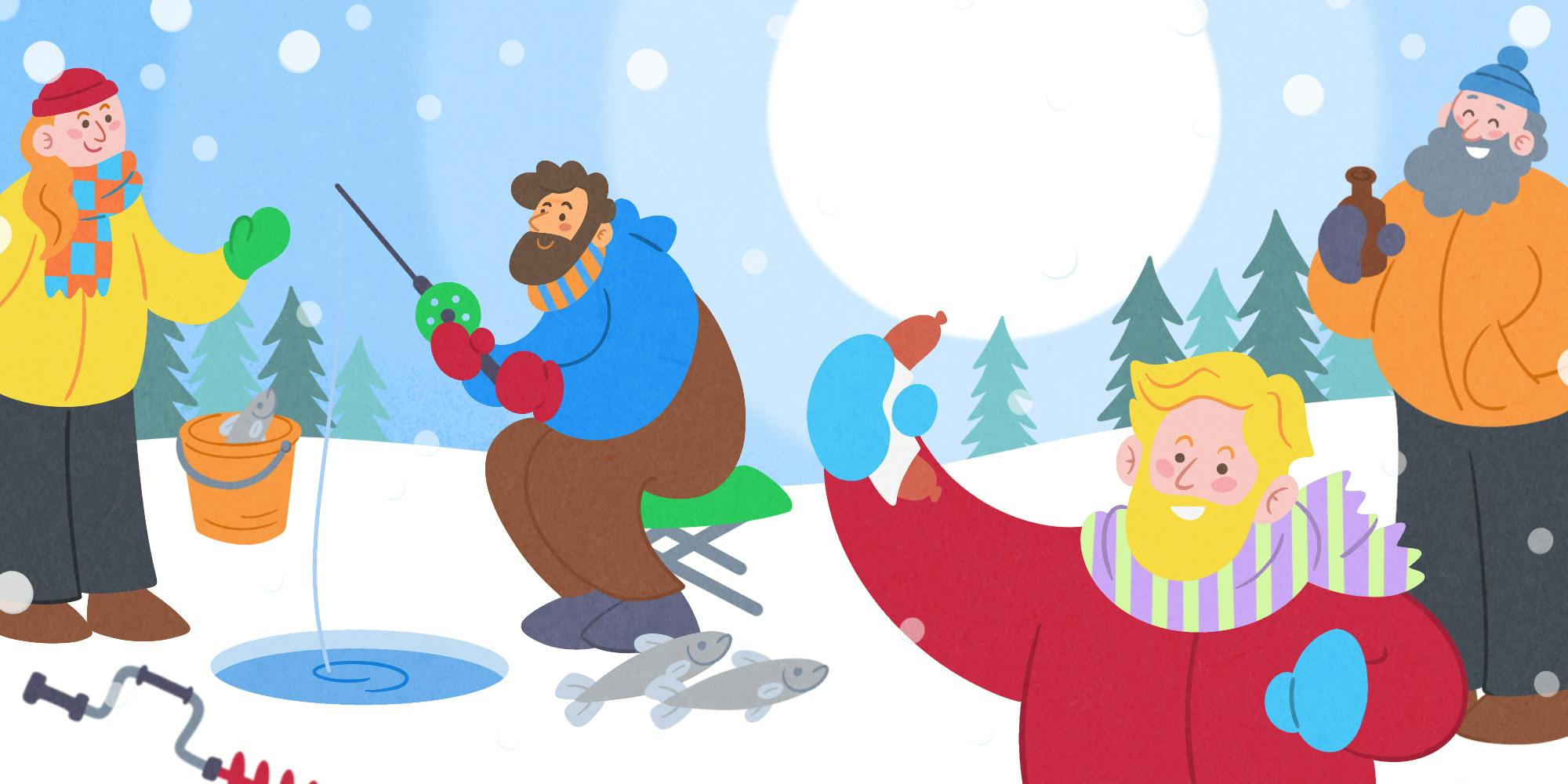 An illustration of 4 people ice-fishing