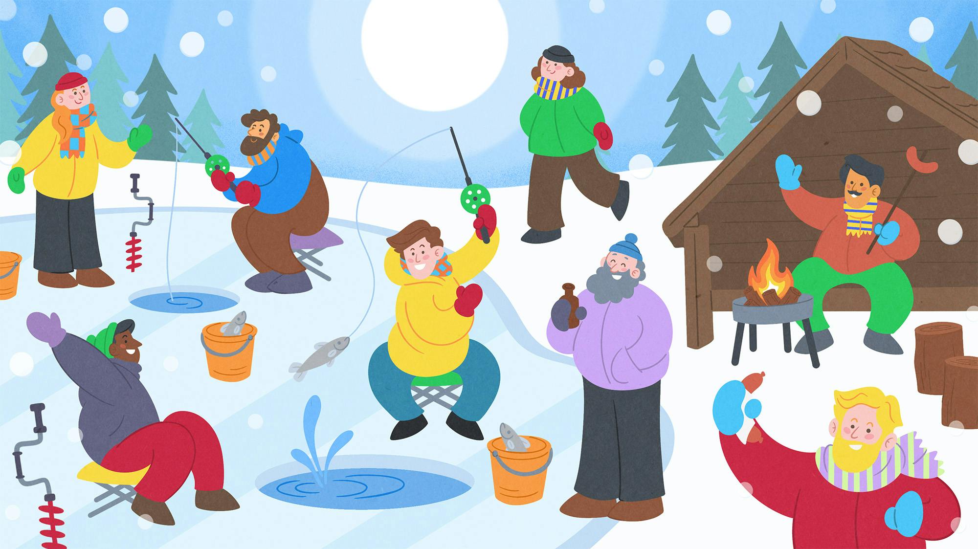 An illustration of a group of people ice-fishing