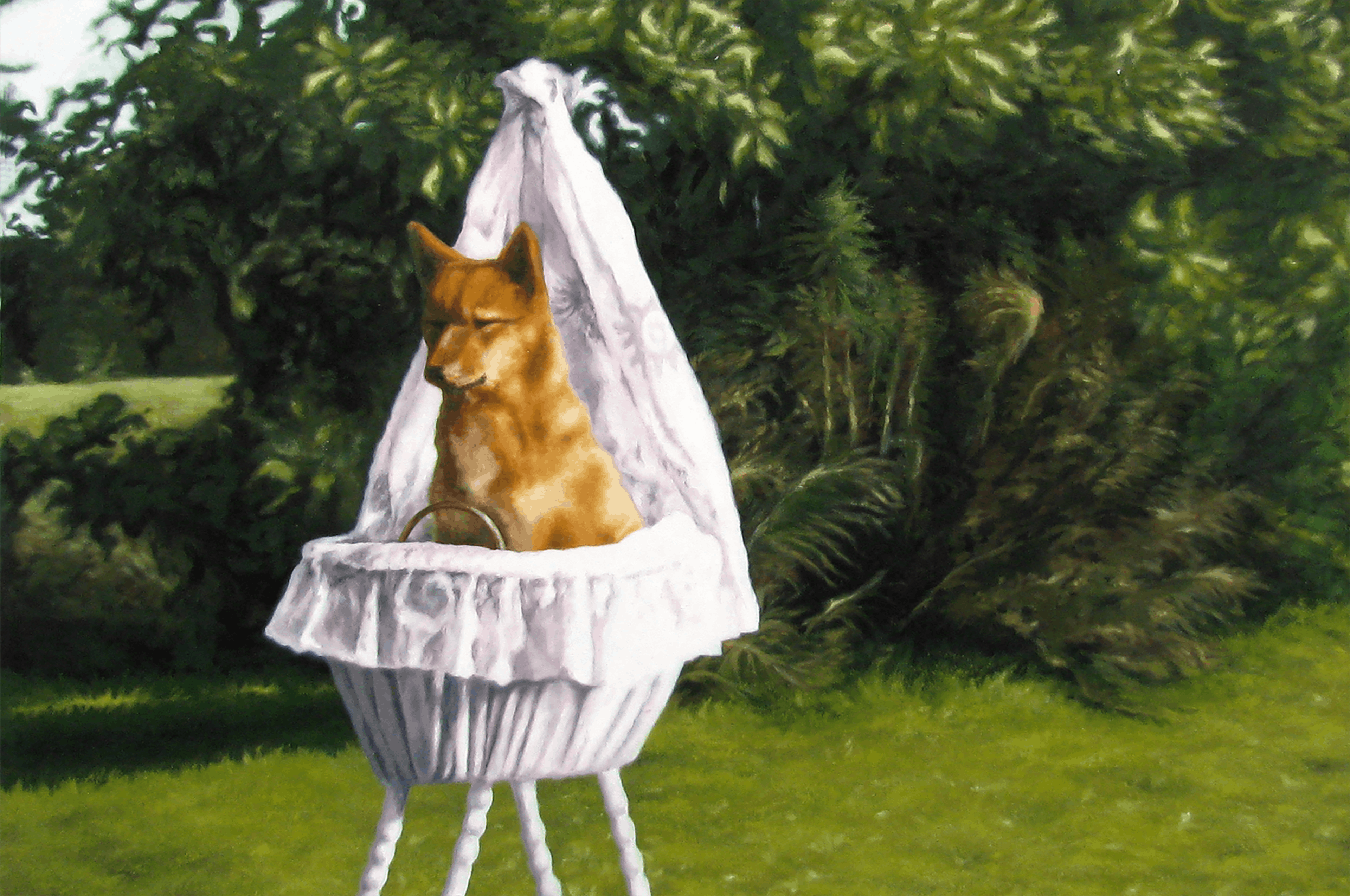 cropped photo of a painting of a dog sitting in a cradle