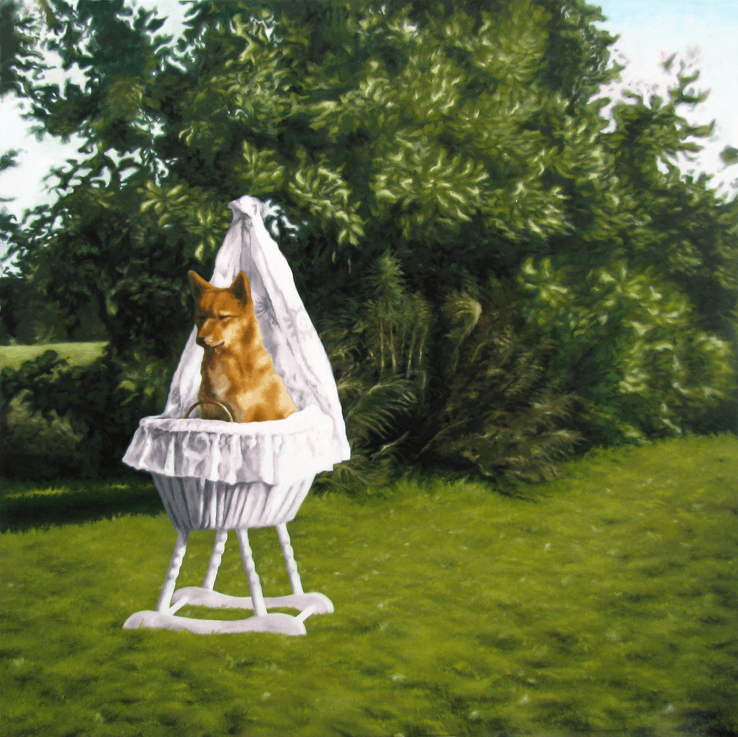 A painting of a dog sitting in a cradle