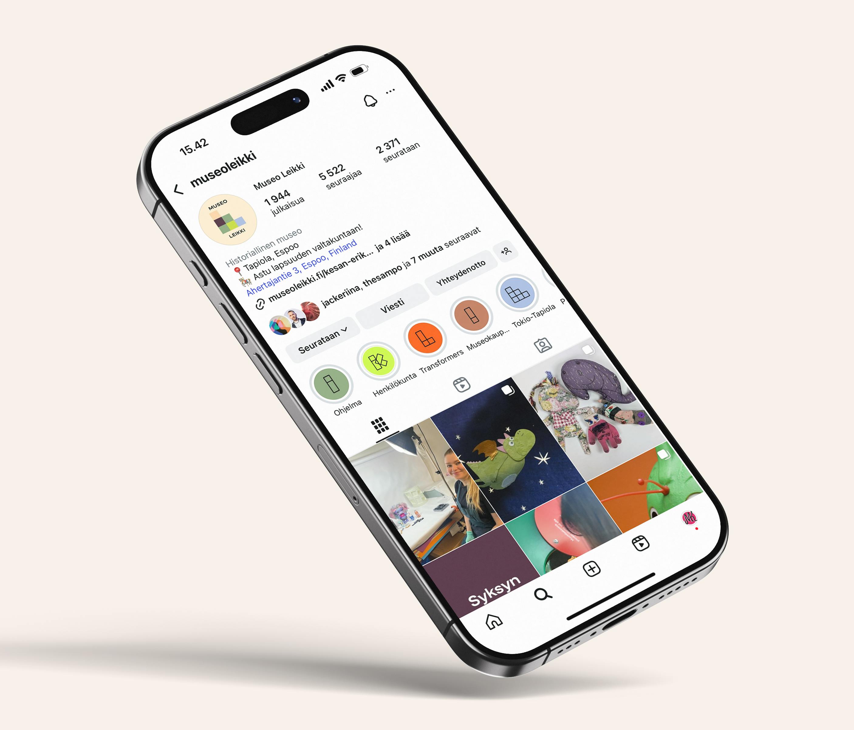A phone showing Museo Leikki's insta