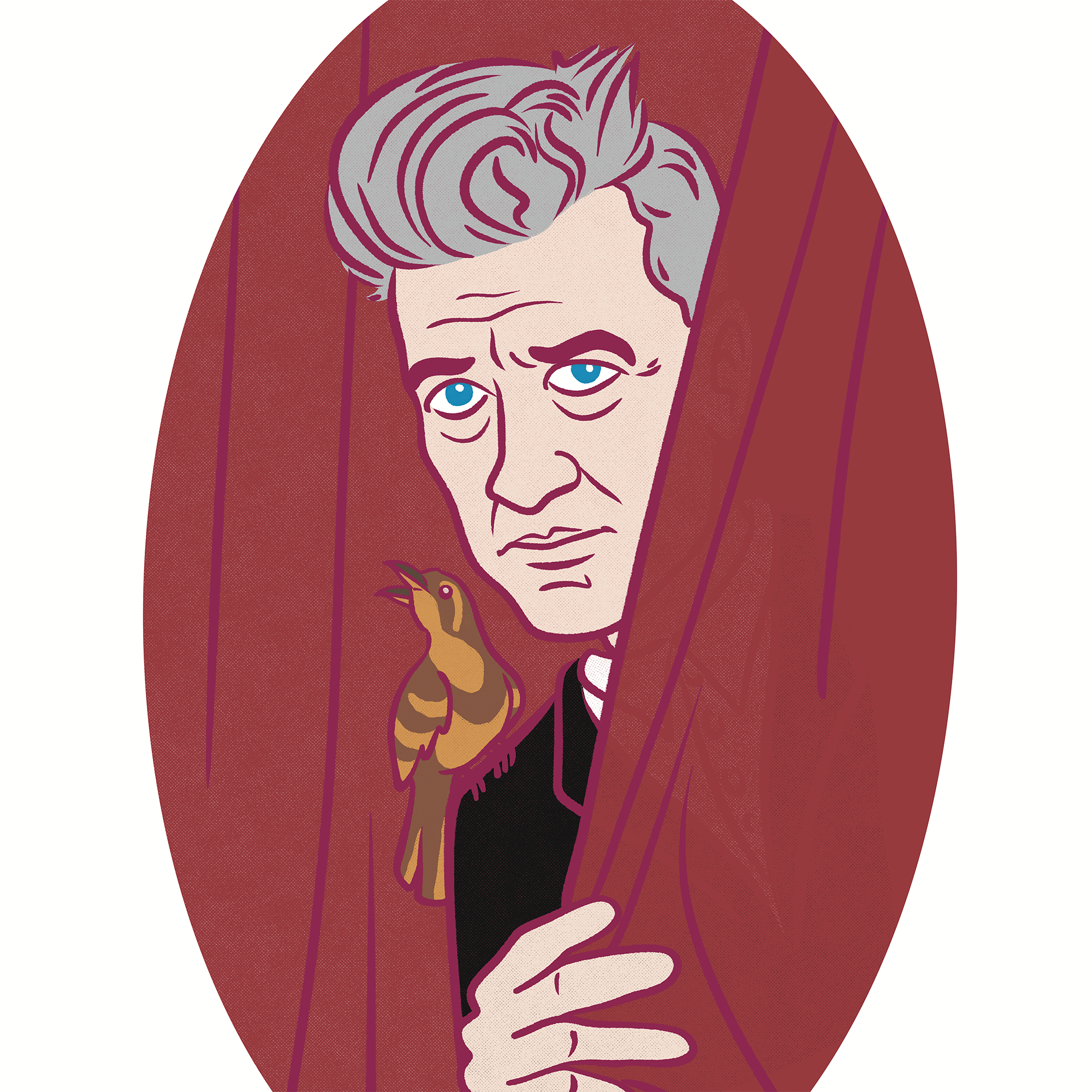 An illustration of David Lynch behind a red curtain