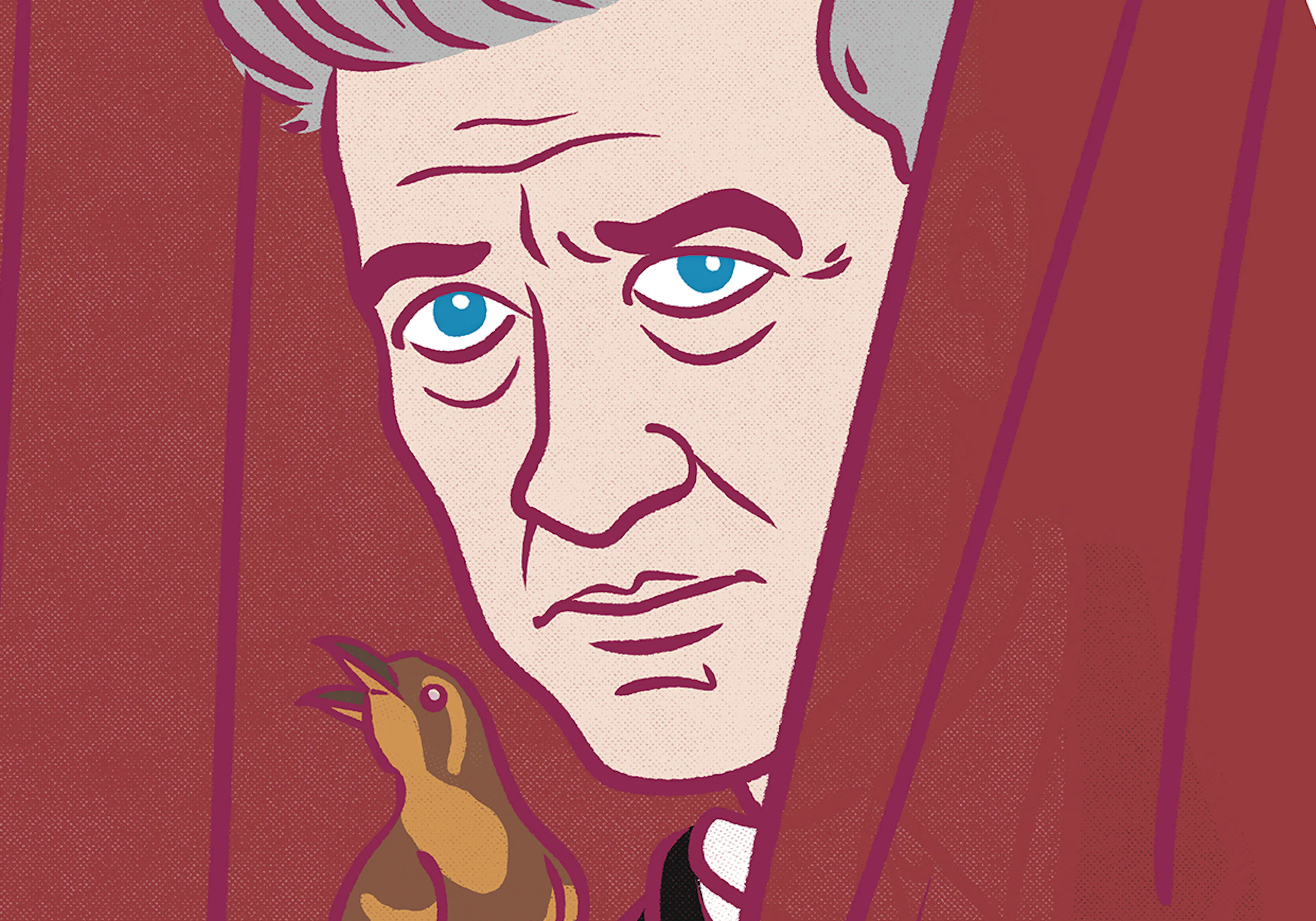 An illustration of David Lynch behind a red curtain