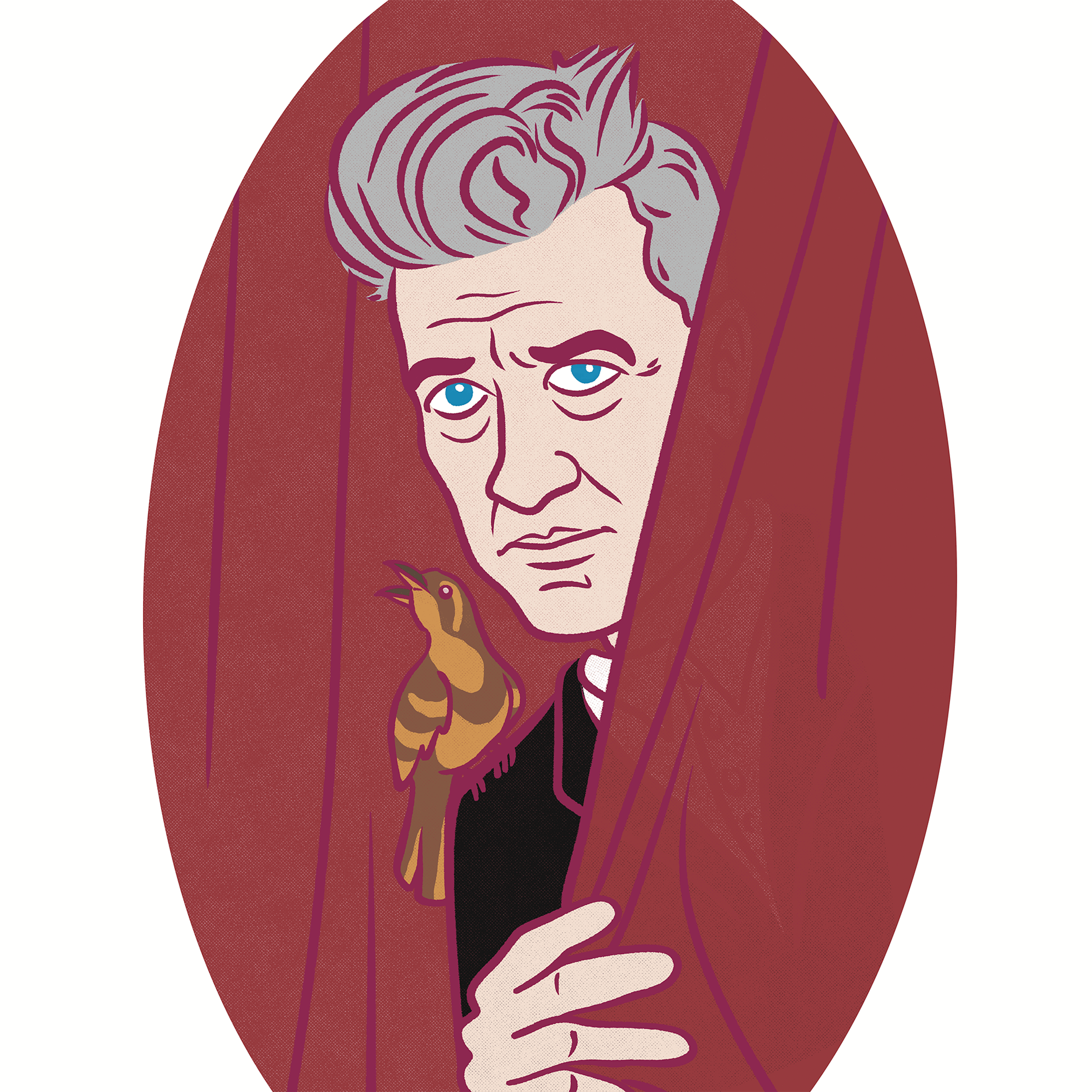 An illustration of David Lynch behind a red curtain