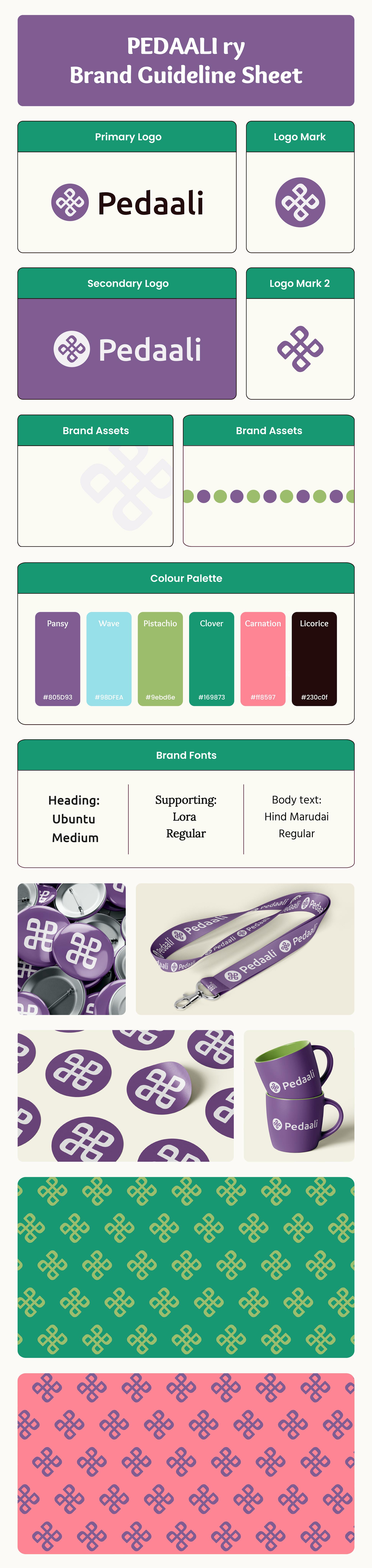 A Brand Guideline Sheet made for Pedaali ry. The Brand Guideline Sheet consists of logos, brand colors, assets and brand fonts.