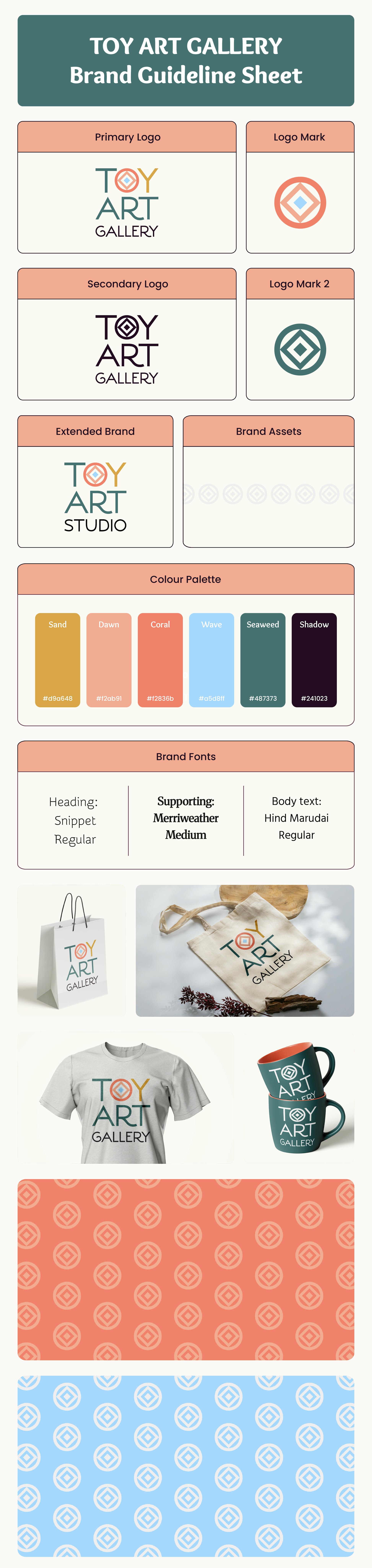 A Brand Guideline Sheet made for Toy Art Gallery. The Brand Guideline Sheet consists of logos, brand colors, assets and brand fonts.