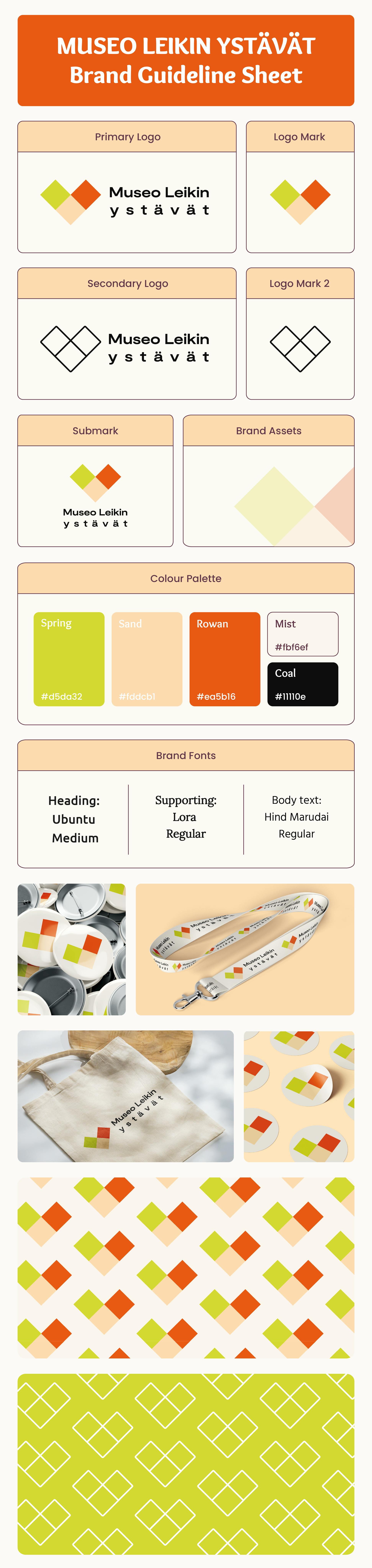 A Brand Guideline Sheet made for Museo Leikin ystävät. The Brand Guideline Sheet consists of logos, brand colors, assets and brand fonts.