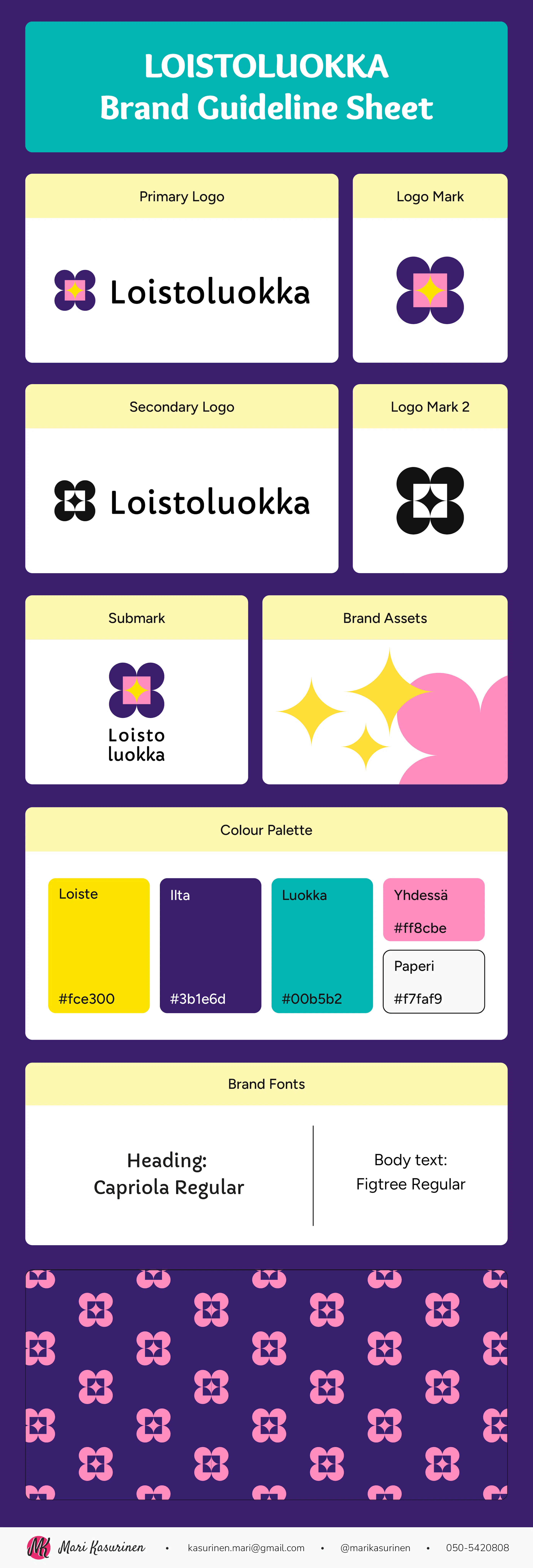 Loistoluokka brand guideline sheet including logo, typography and color palette