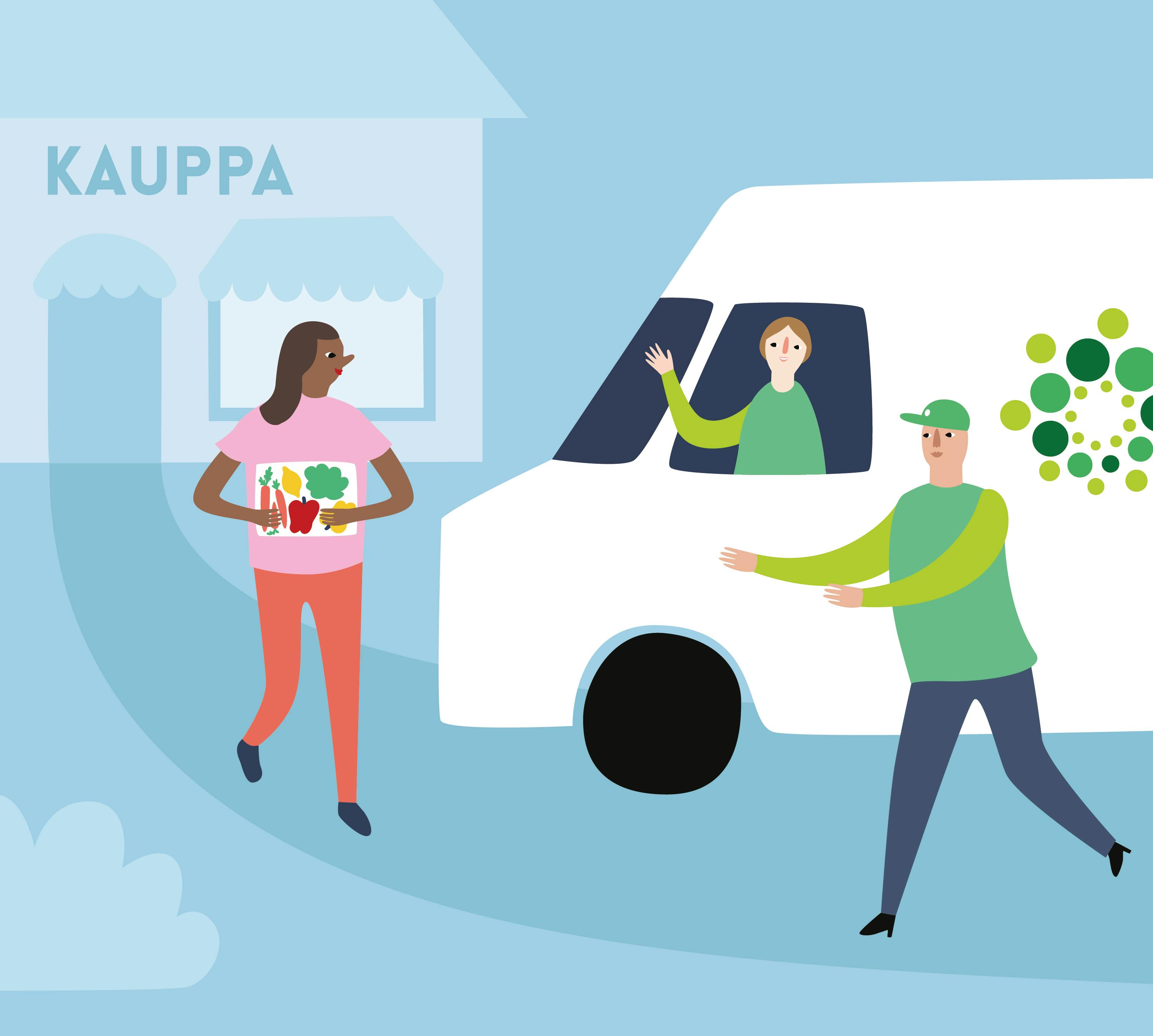 An illustration of Yhteinen pöytä workers receiving a food donation