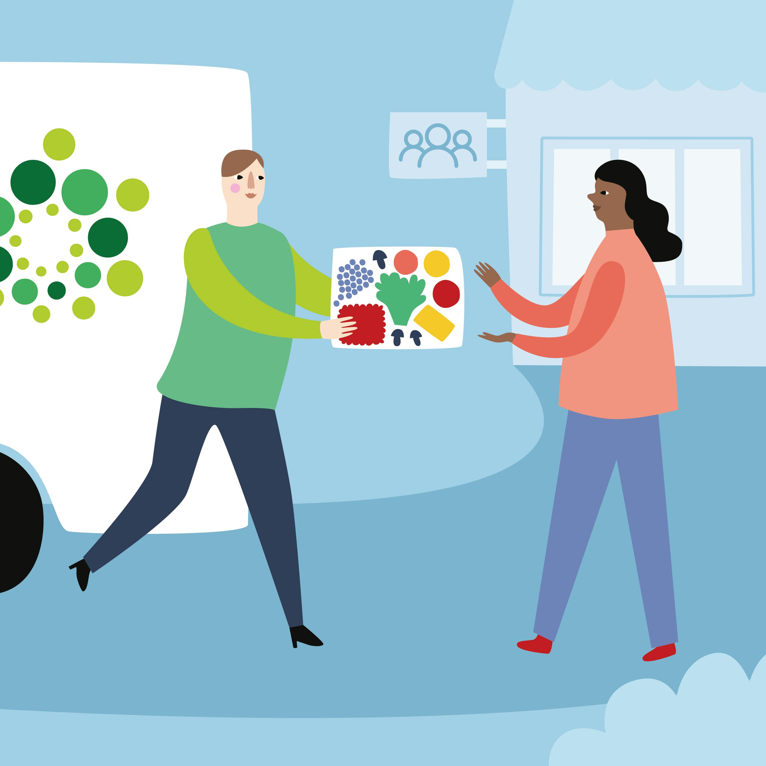 An illustration of Yhteinen pöytä giving food help