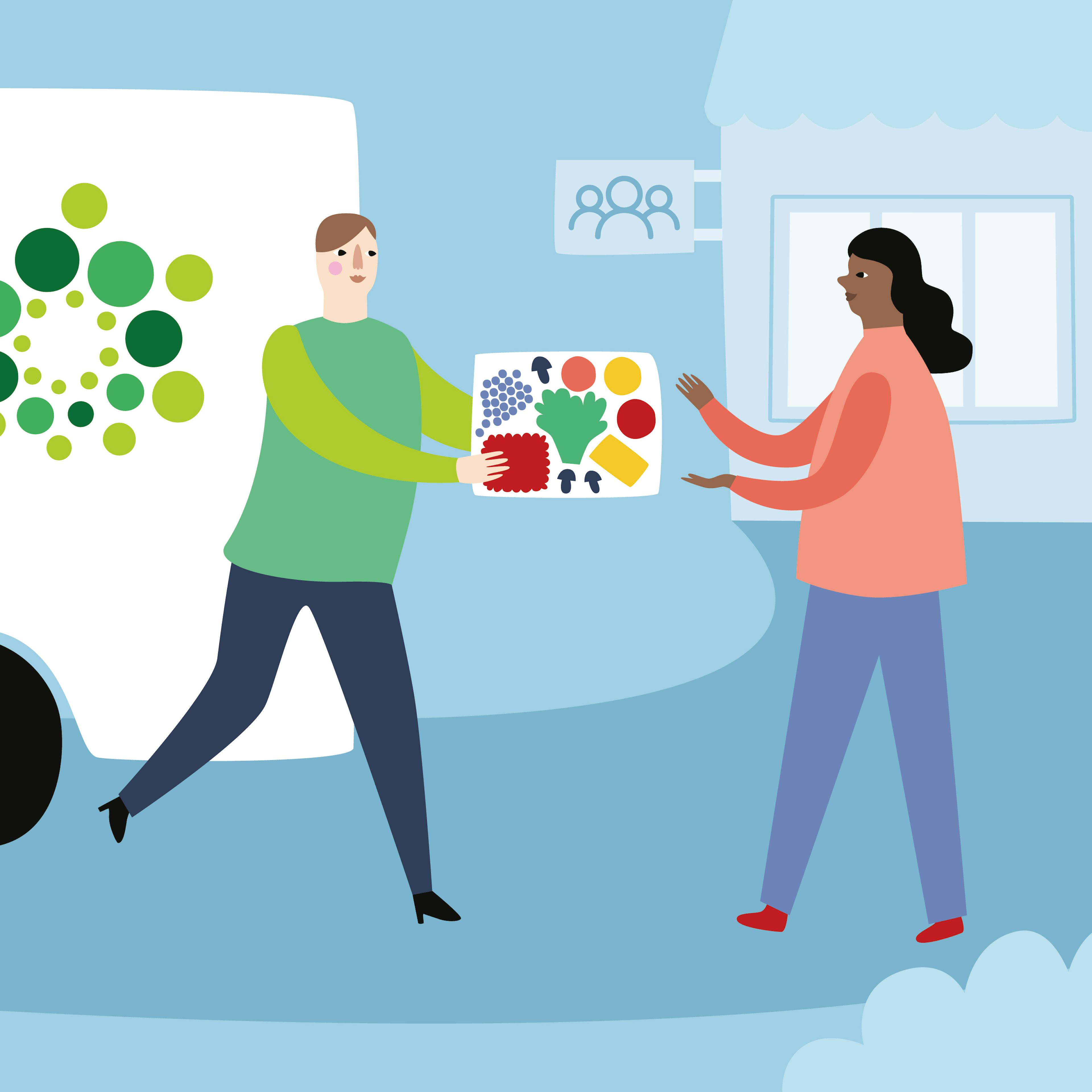 An illustration of Yhteinen pöytä giving food help