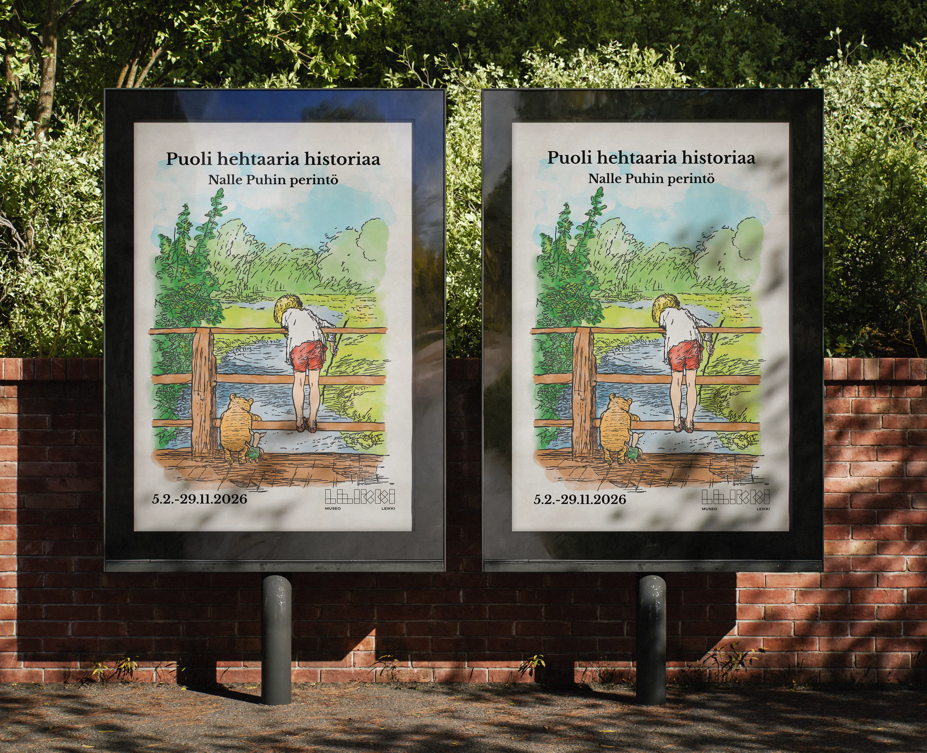 The exhibition poster from “Half Acre of History – The Legacy of Winnie the Pooh” featuring Winnie the Pooh, Pigglet and Christopher standing on a bridge.