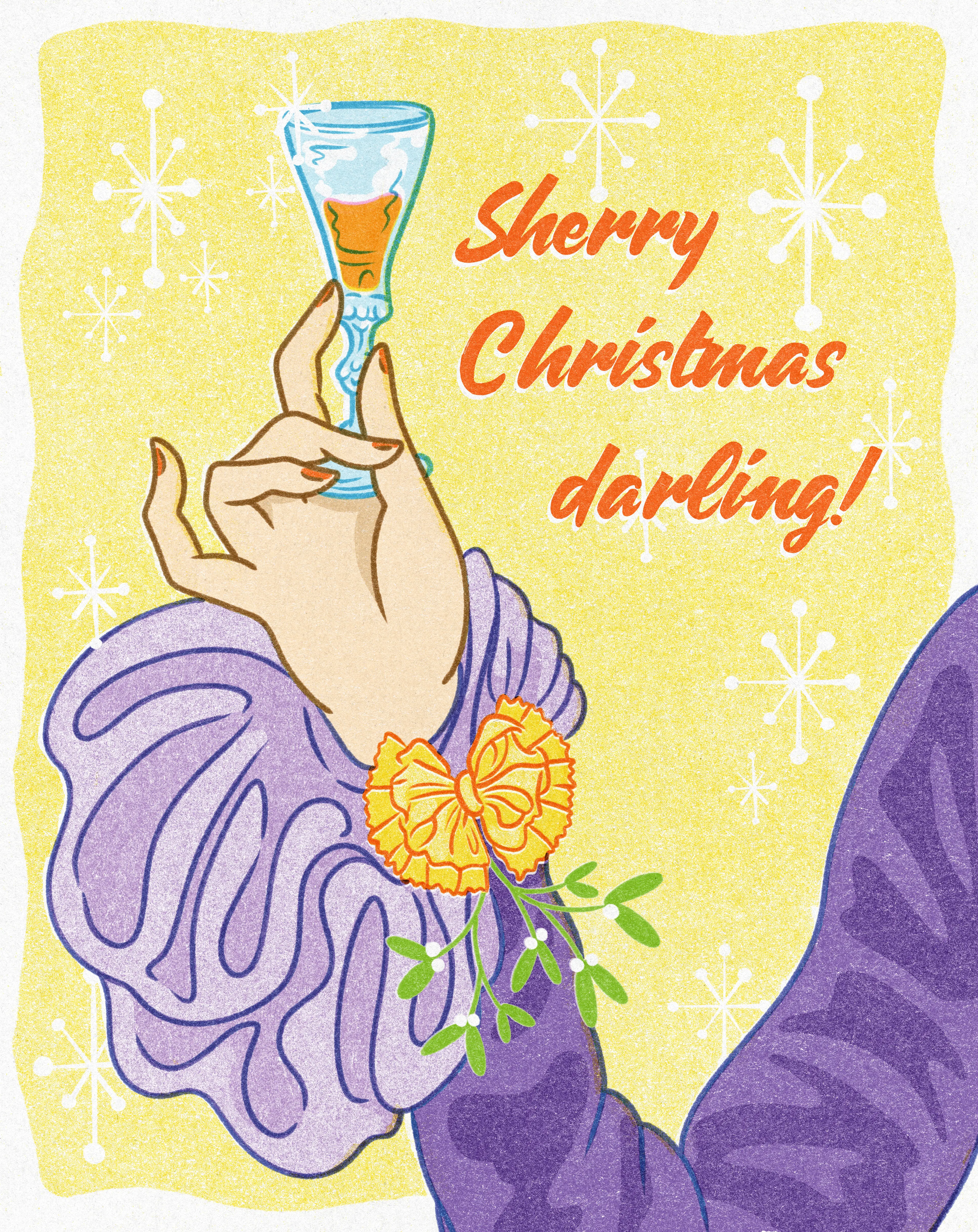 A Christmas card feauring a womans hand holding a glass of sherry.