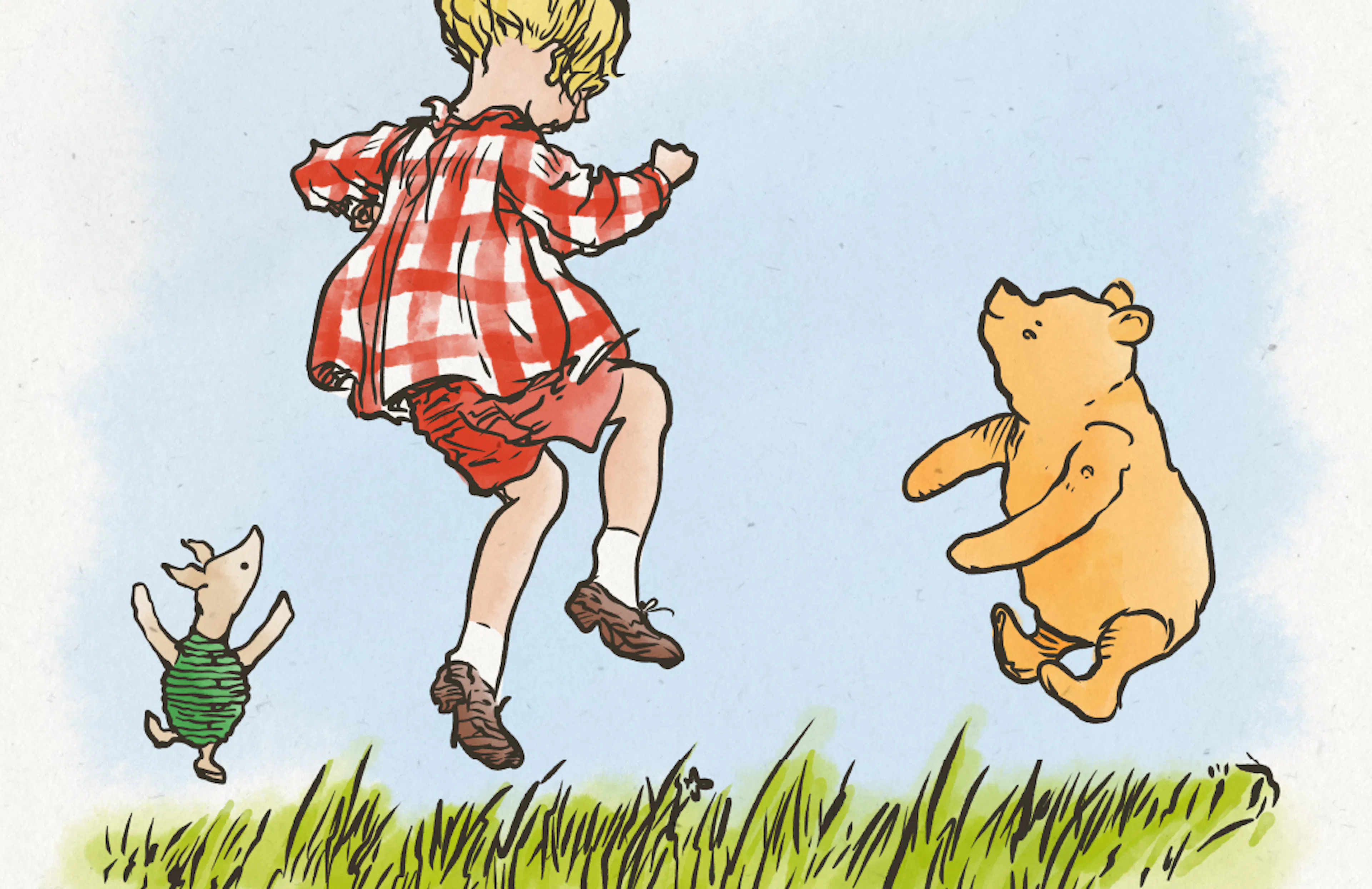 Winnie the Pooh, Pigglet and Christopher jumping
