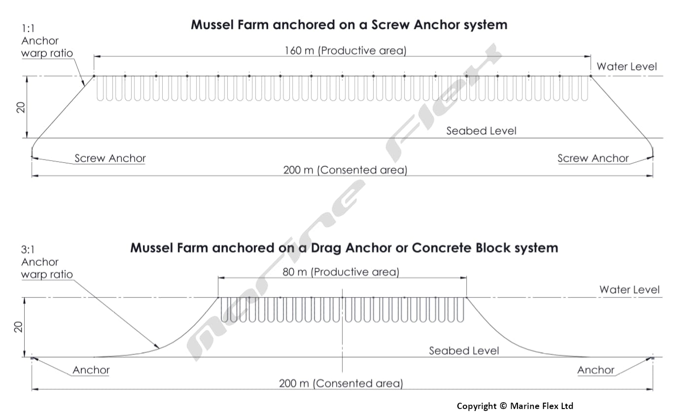 Mussel farm on screw anchor system vs concrete block system